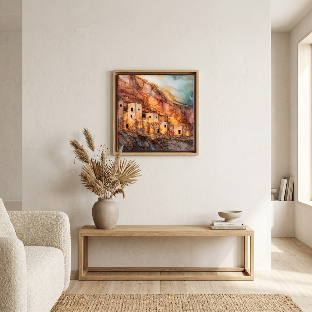 In the living room, above the sofa.