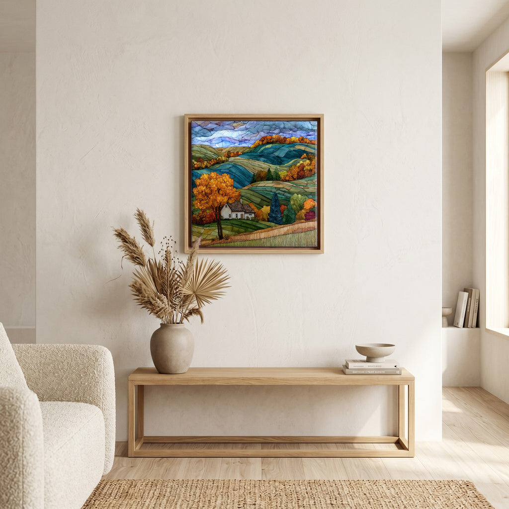 In the living room, above the sofa.