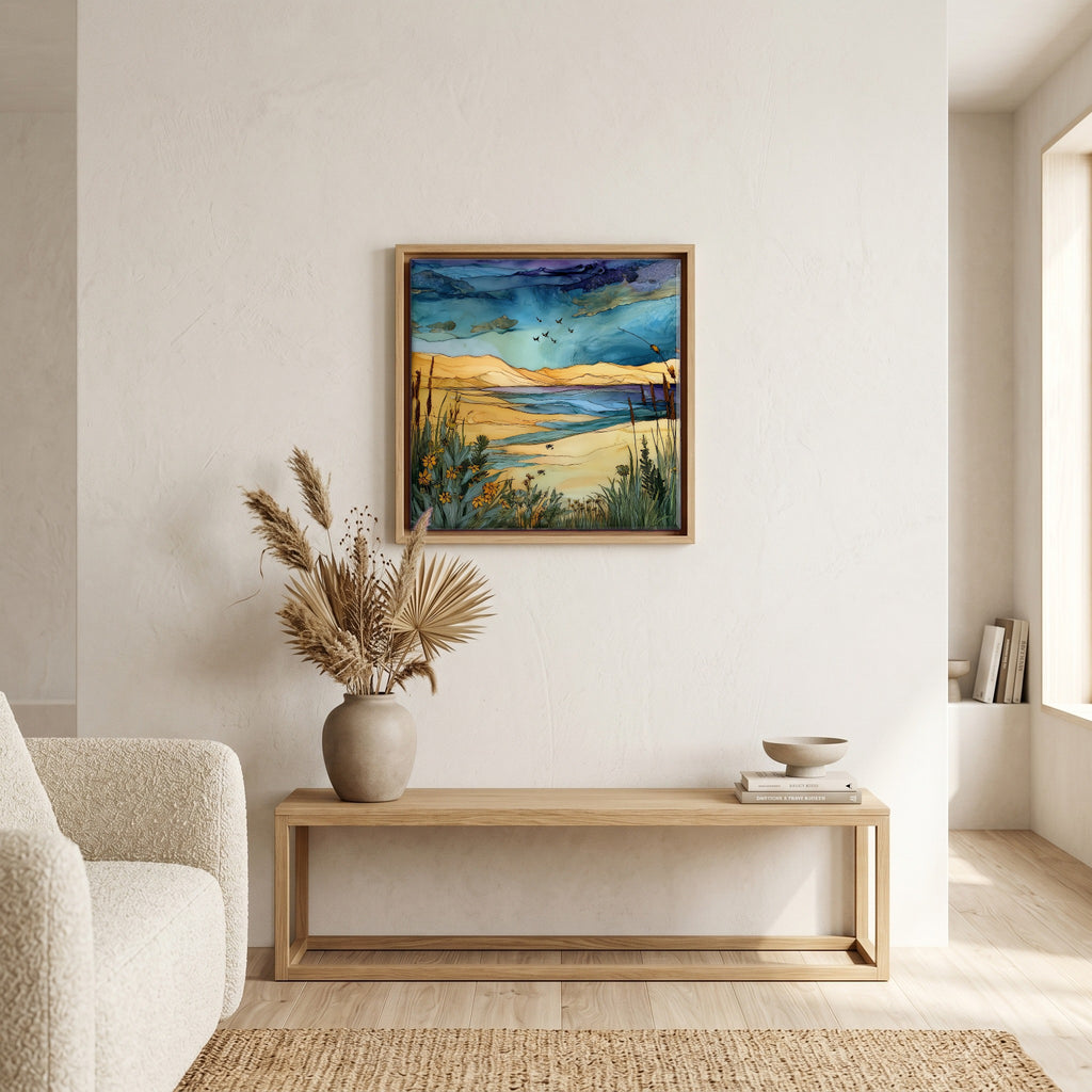 In the living room, above the sofa.