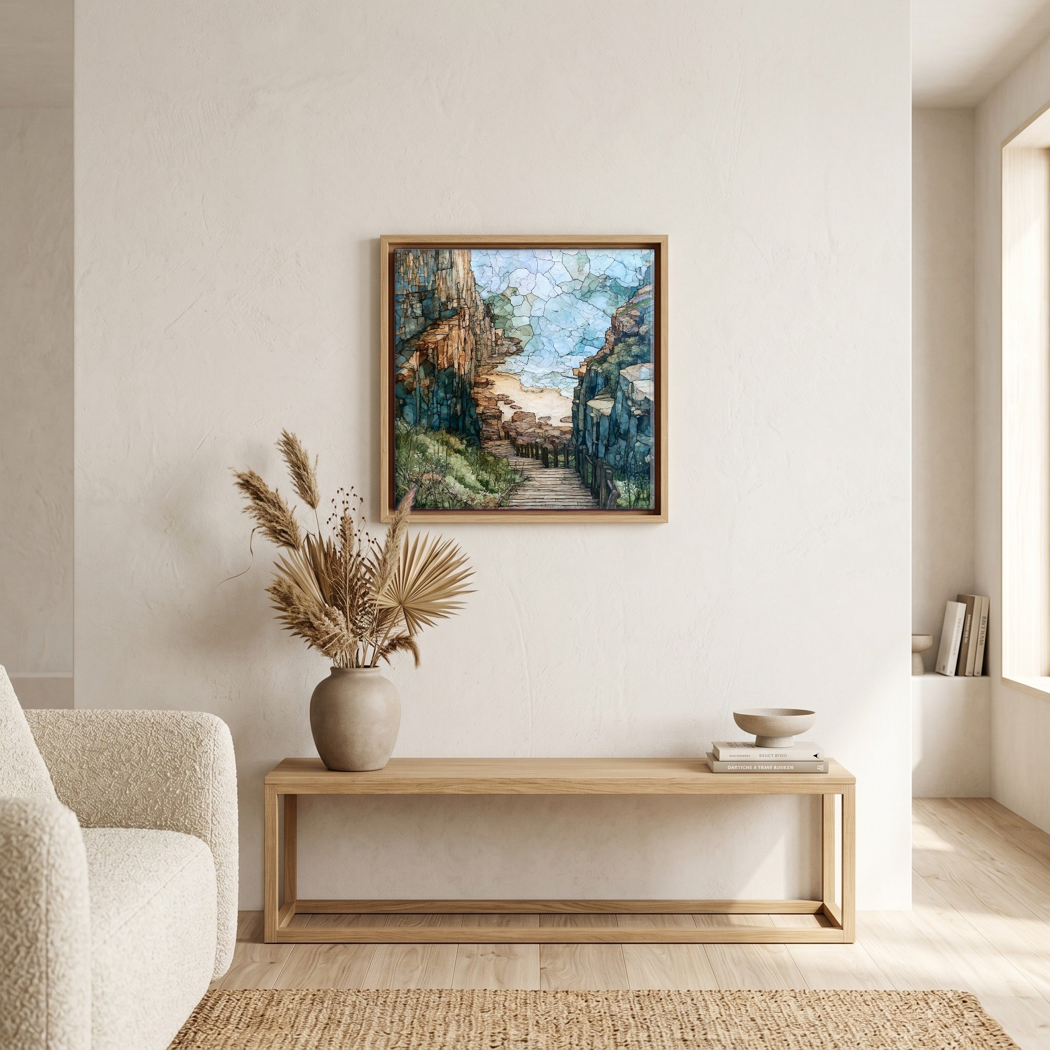 In the living room, above the sofa.