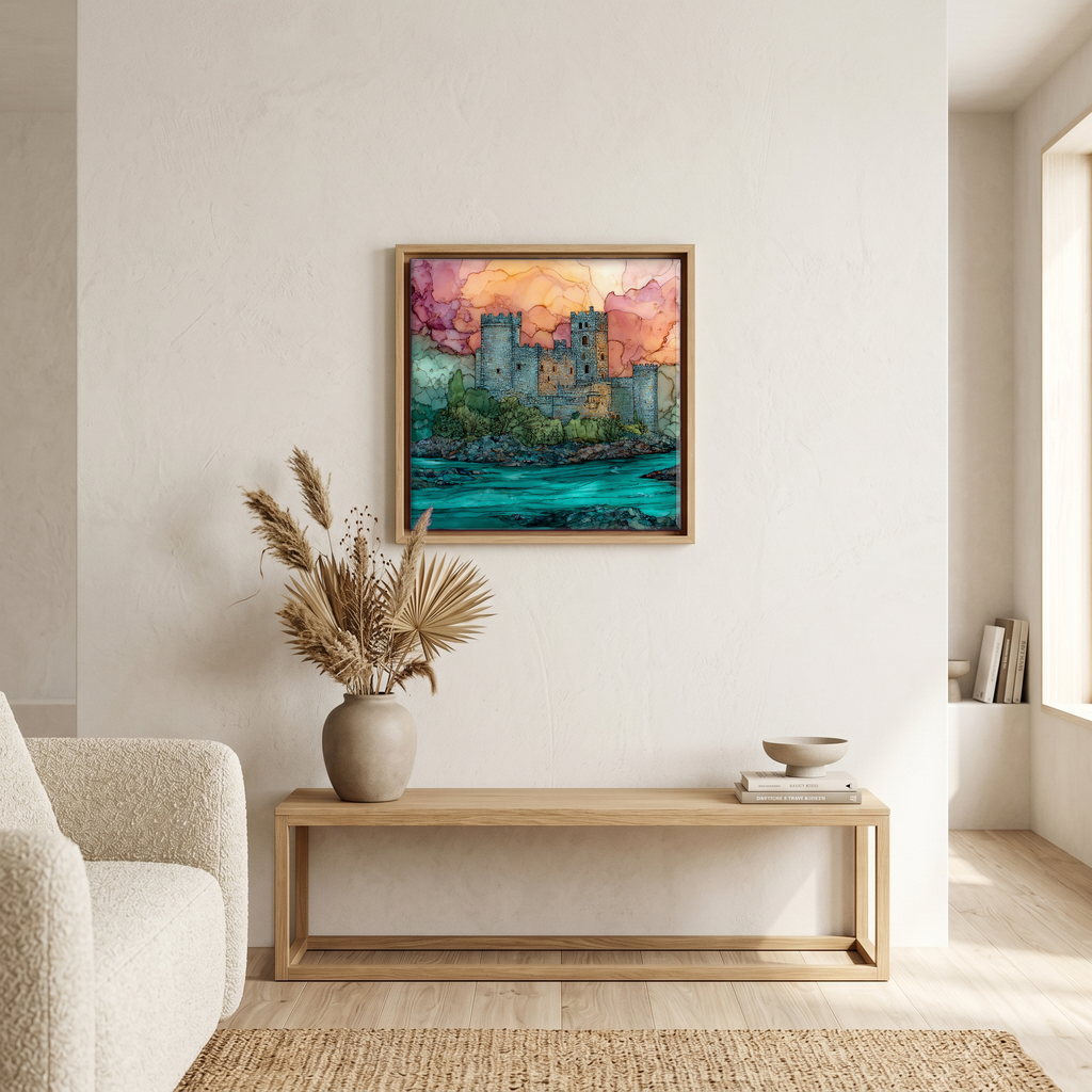 Above the bench, in a warm oak surround.