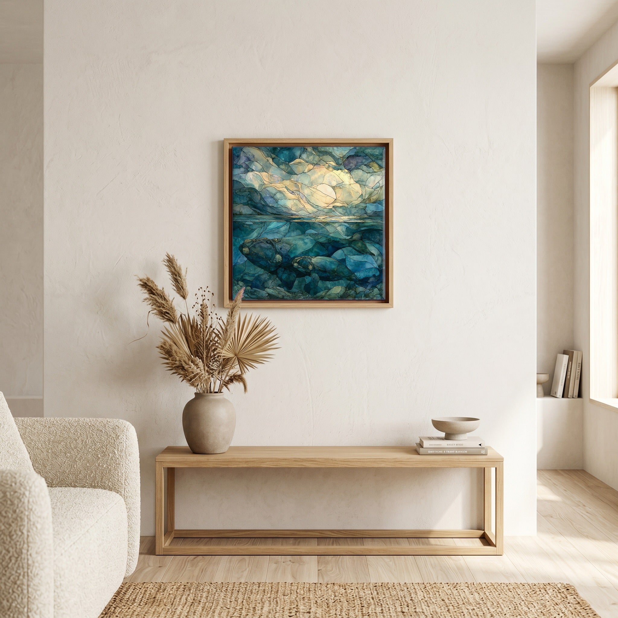 In the living room, above the sofa.