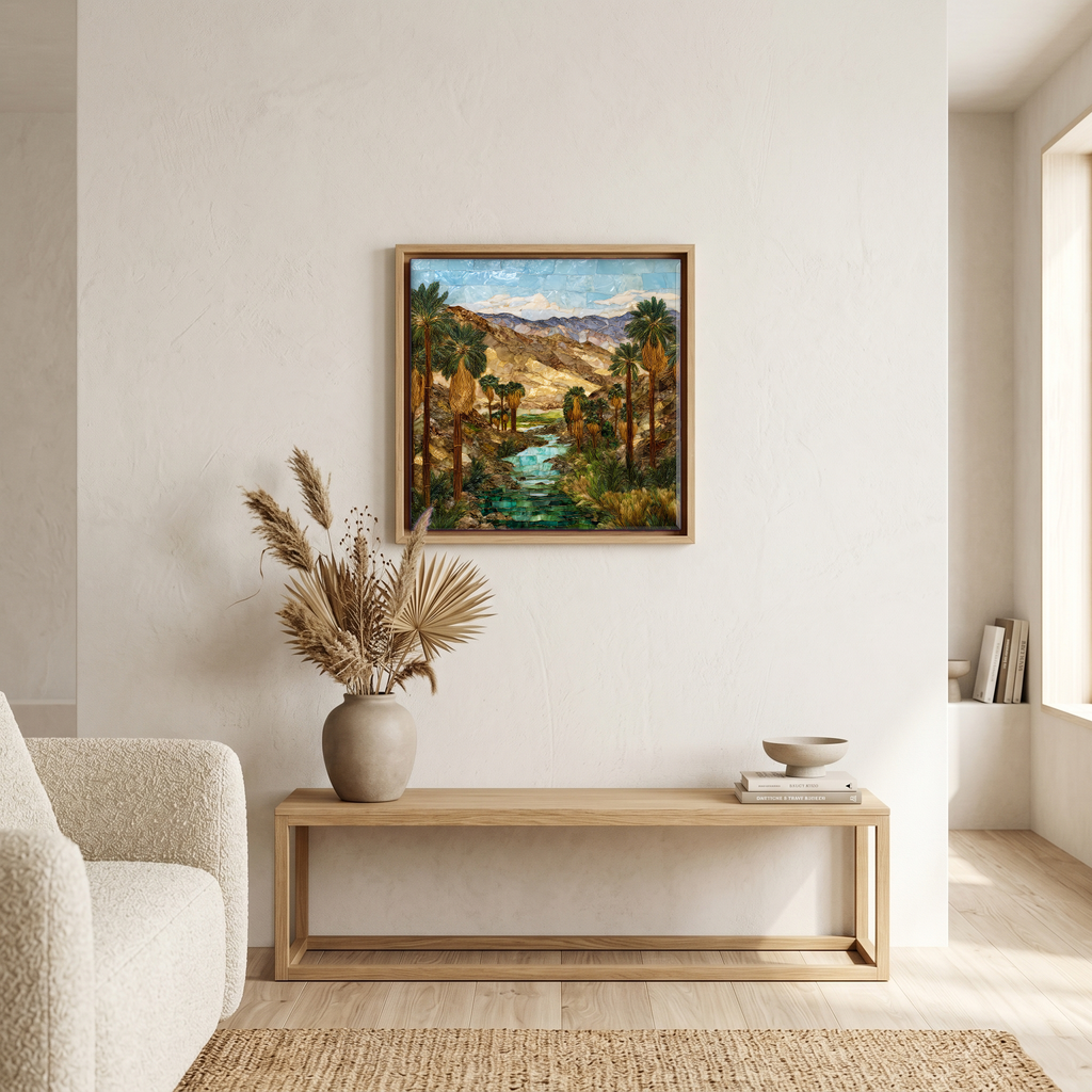 Above the bench, in a warm oak surround.