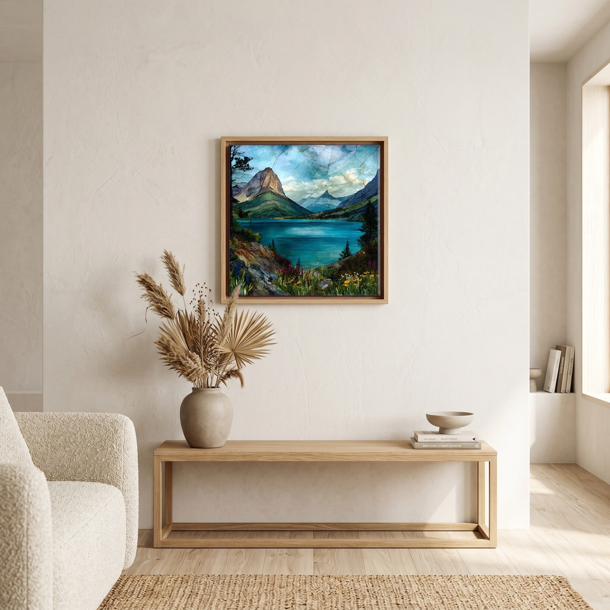 In the living room, above the sofa.