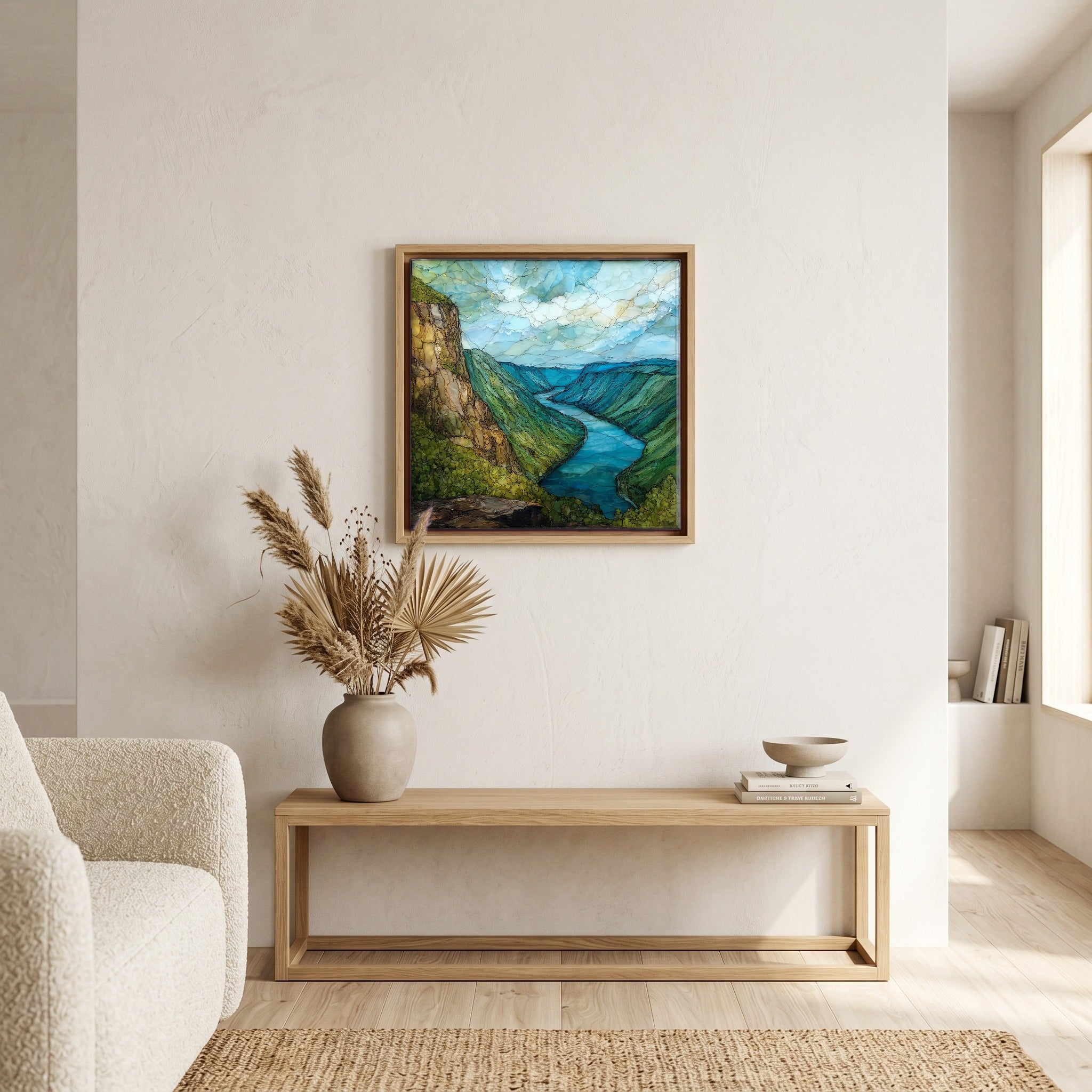 In the living room, above the sofa.