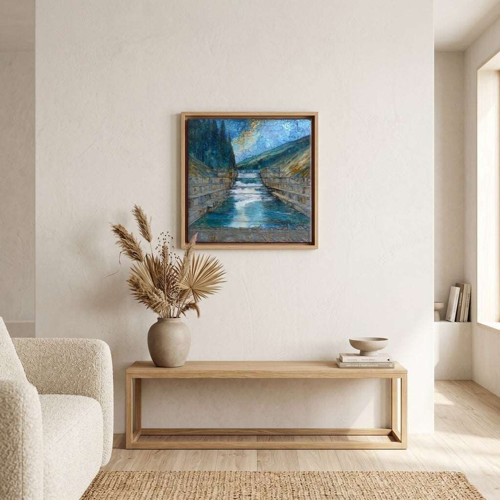 In the living room, above the sofa.