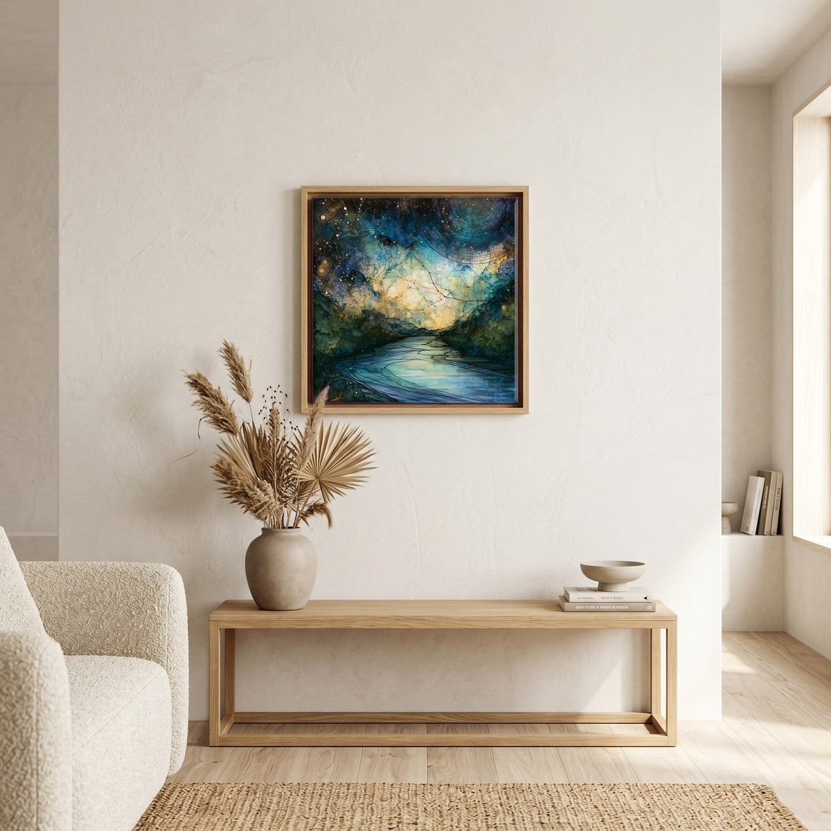 In the living room, above the sofa.