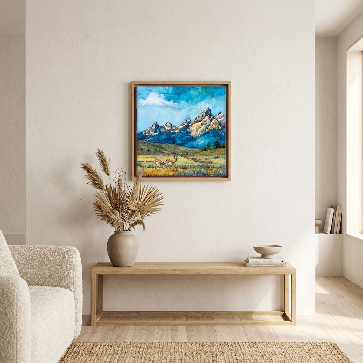 In the living room, above the sofa.