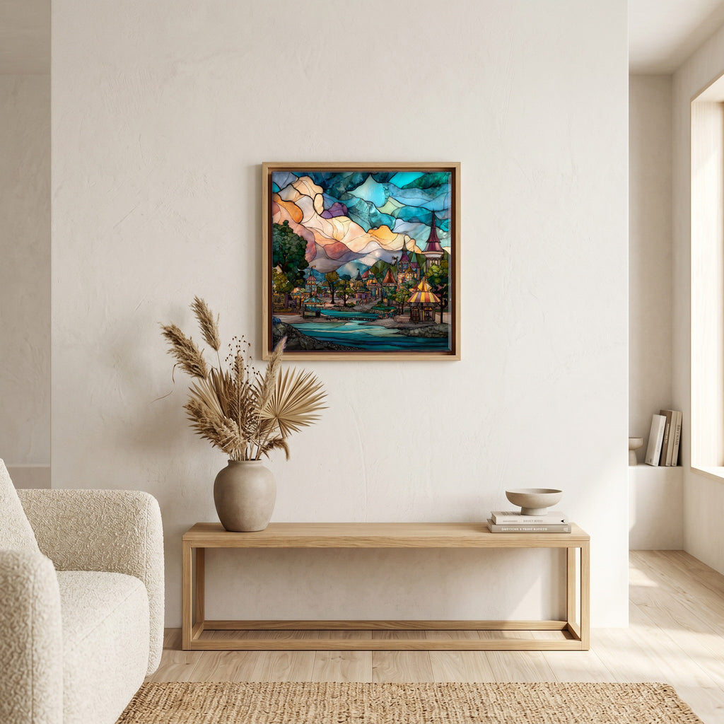 In the living room, above the sofa.