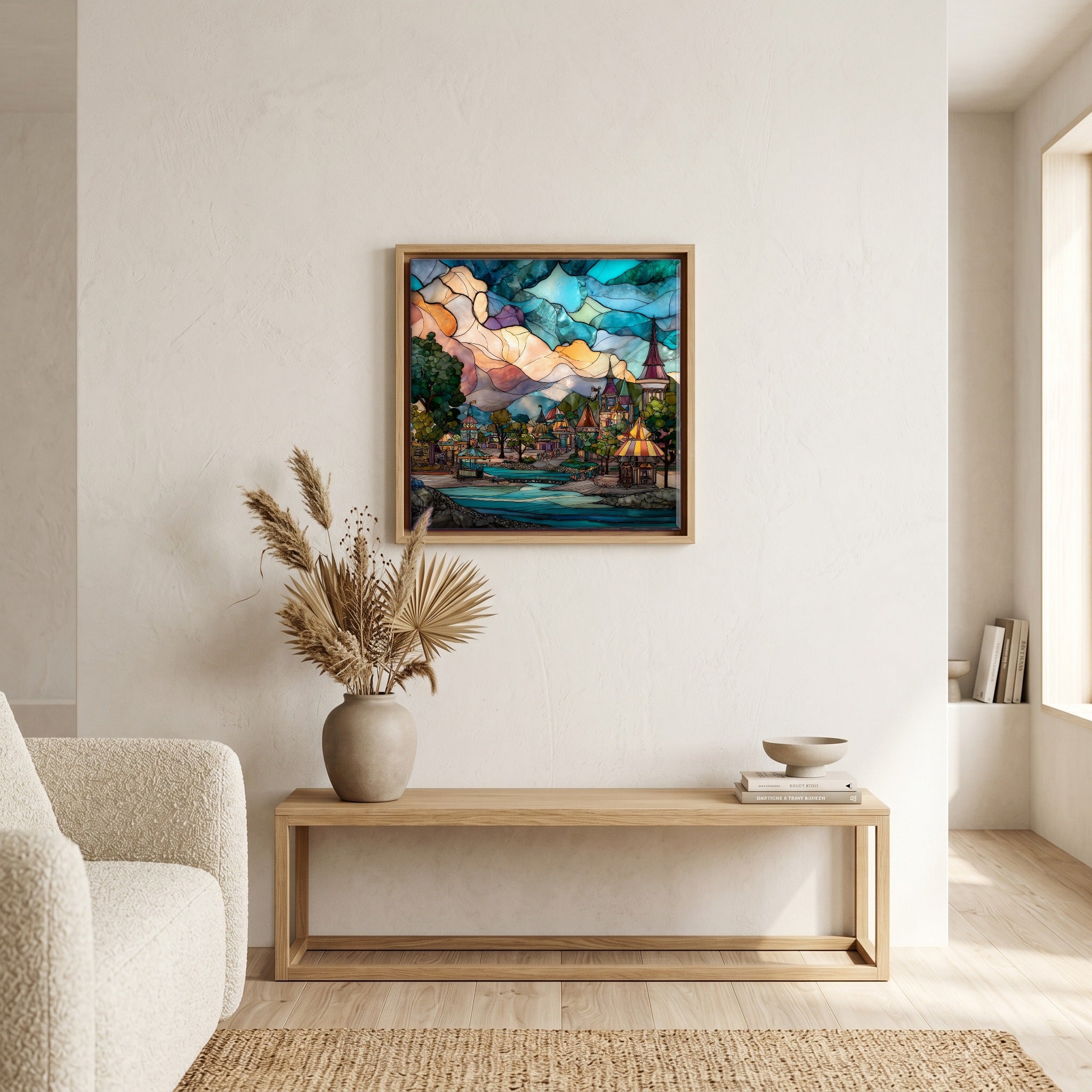 In the living room, above the sofa.