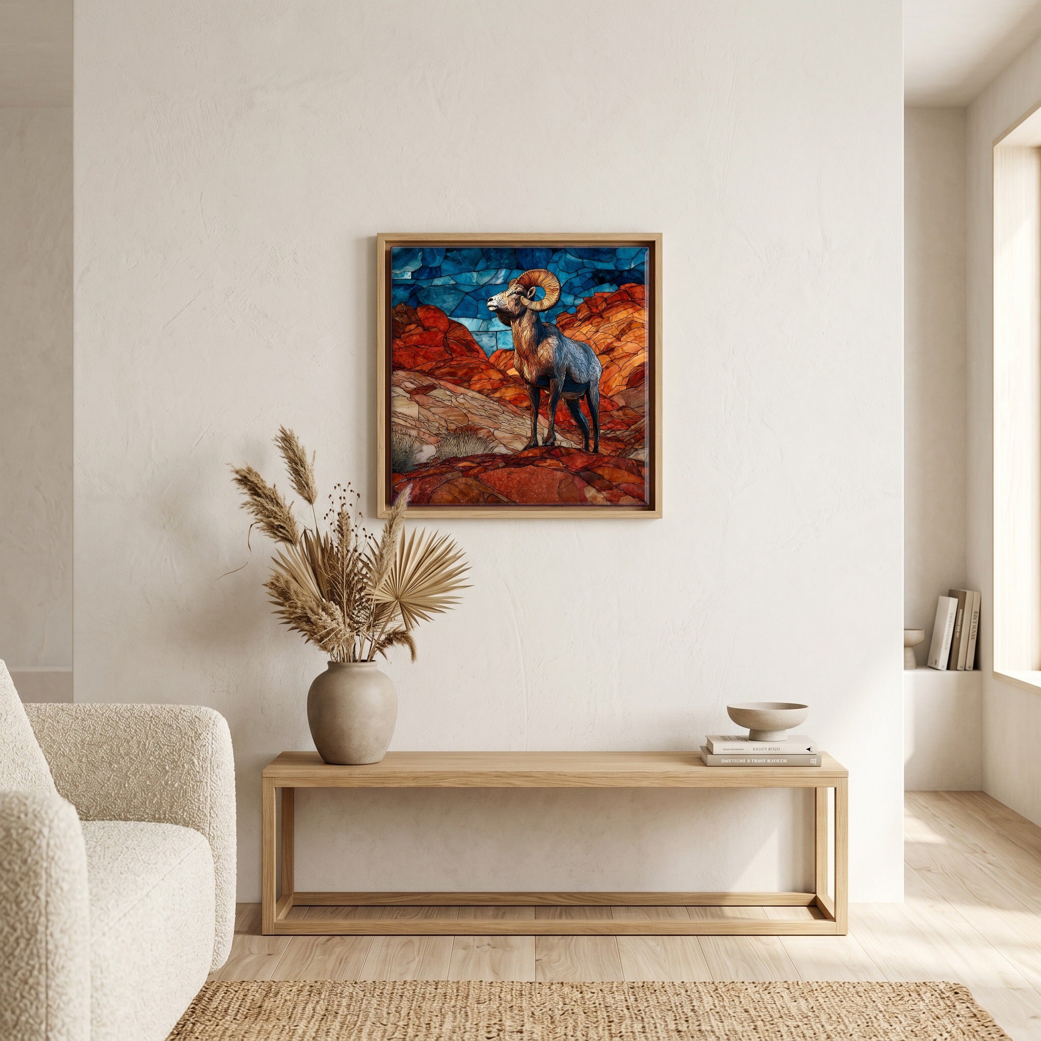 In the living room, above the sofa.