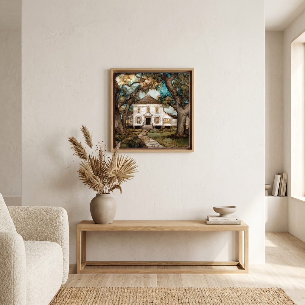 In the living room, above the sofa.