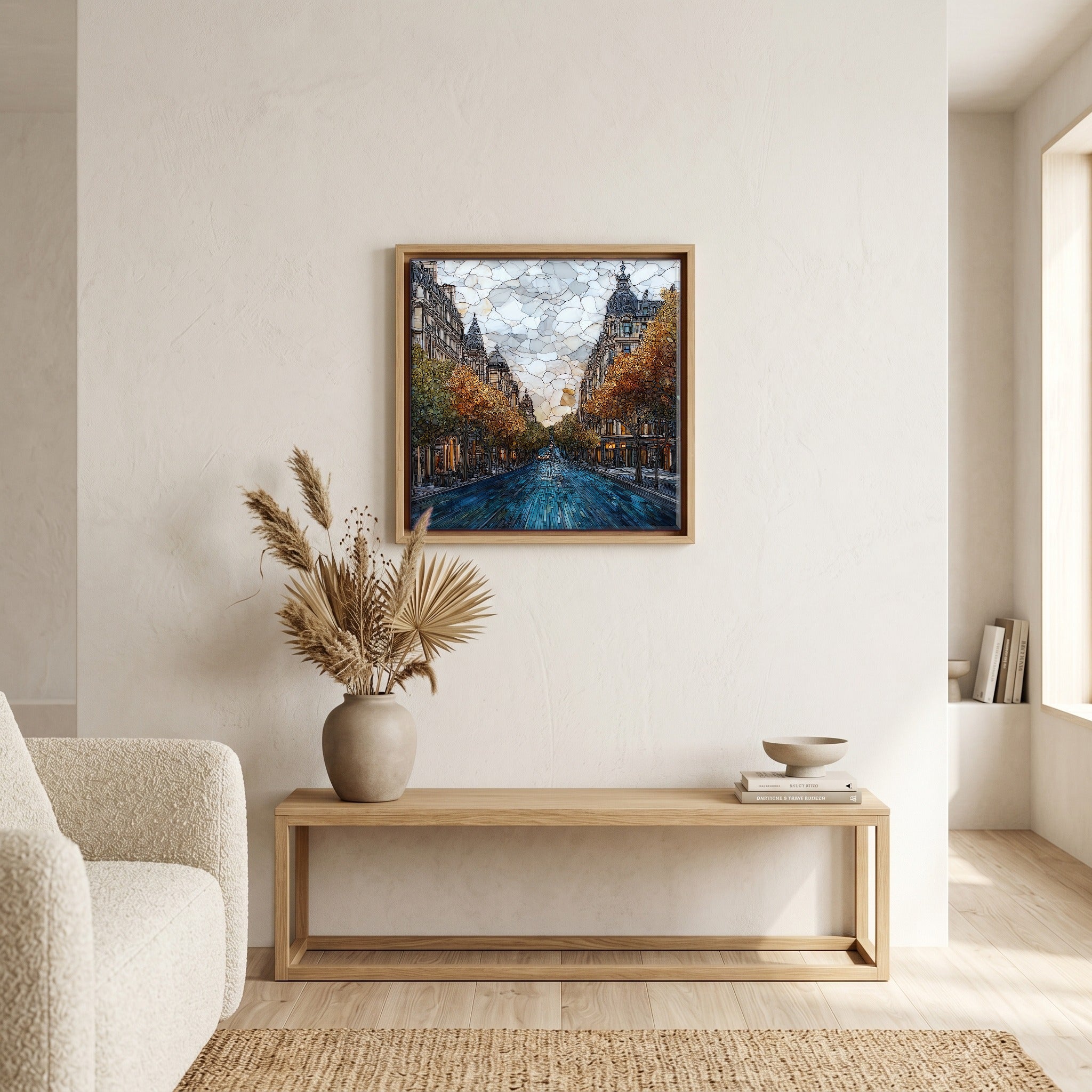 Above the bench, in a warm oak surround.