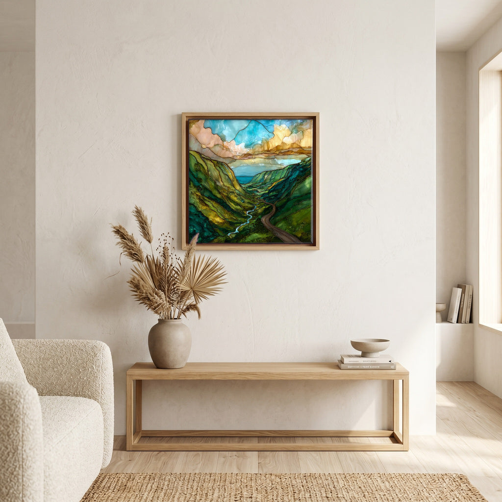 Above the bench, in a warm oak surround.