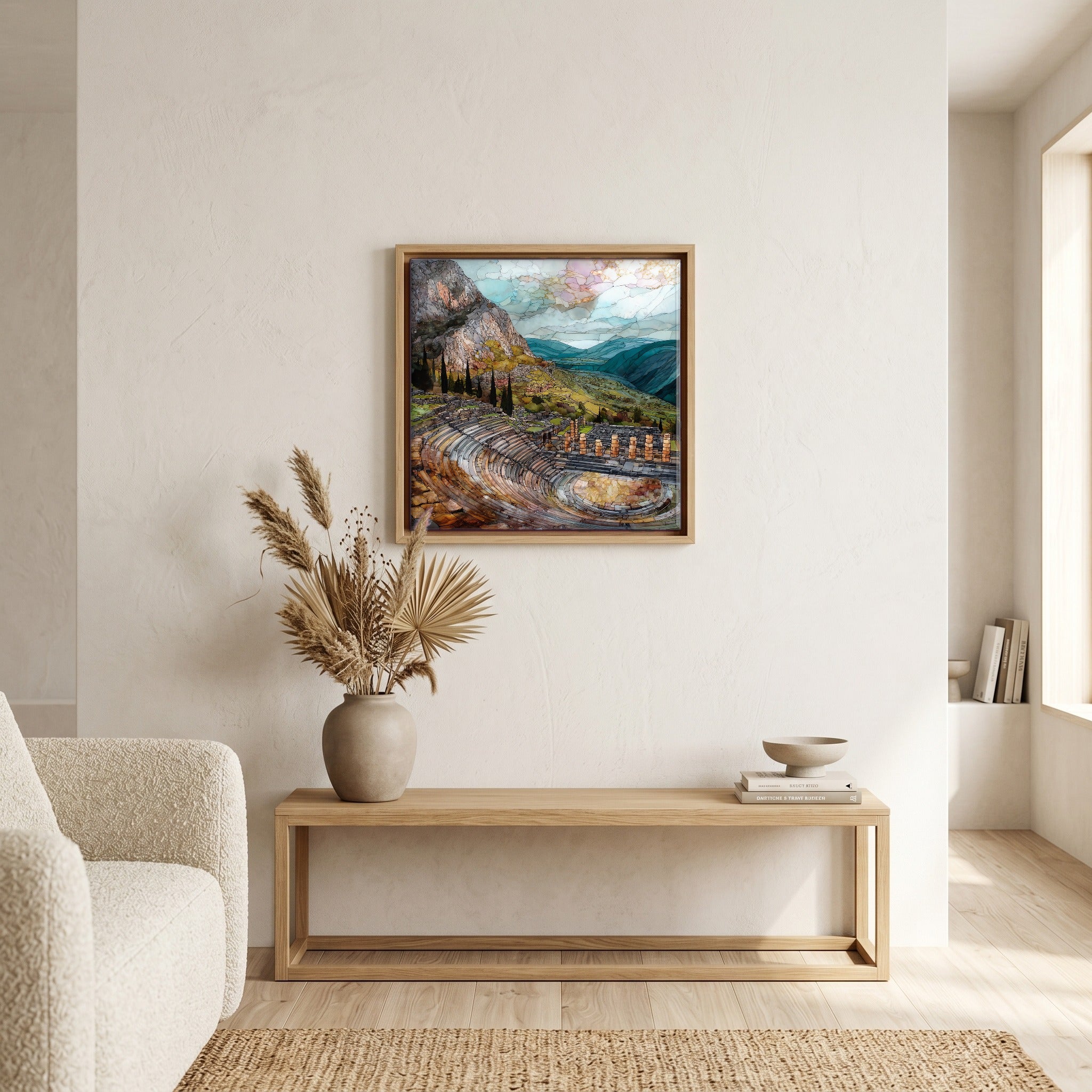 In the living room, above the sofa.