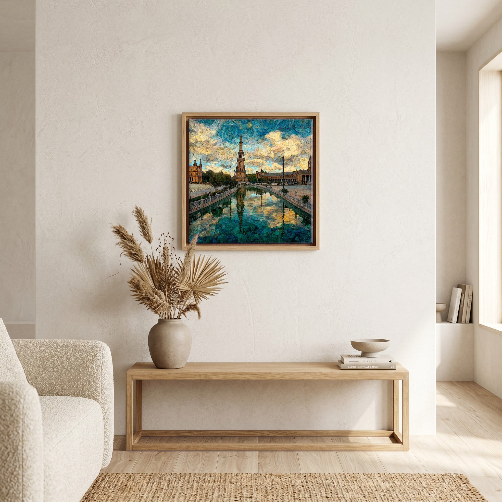 In the living room, above the sofa.