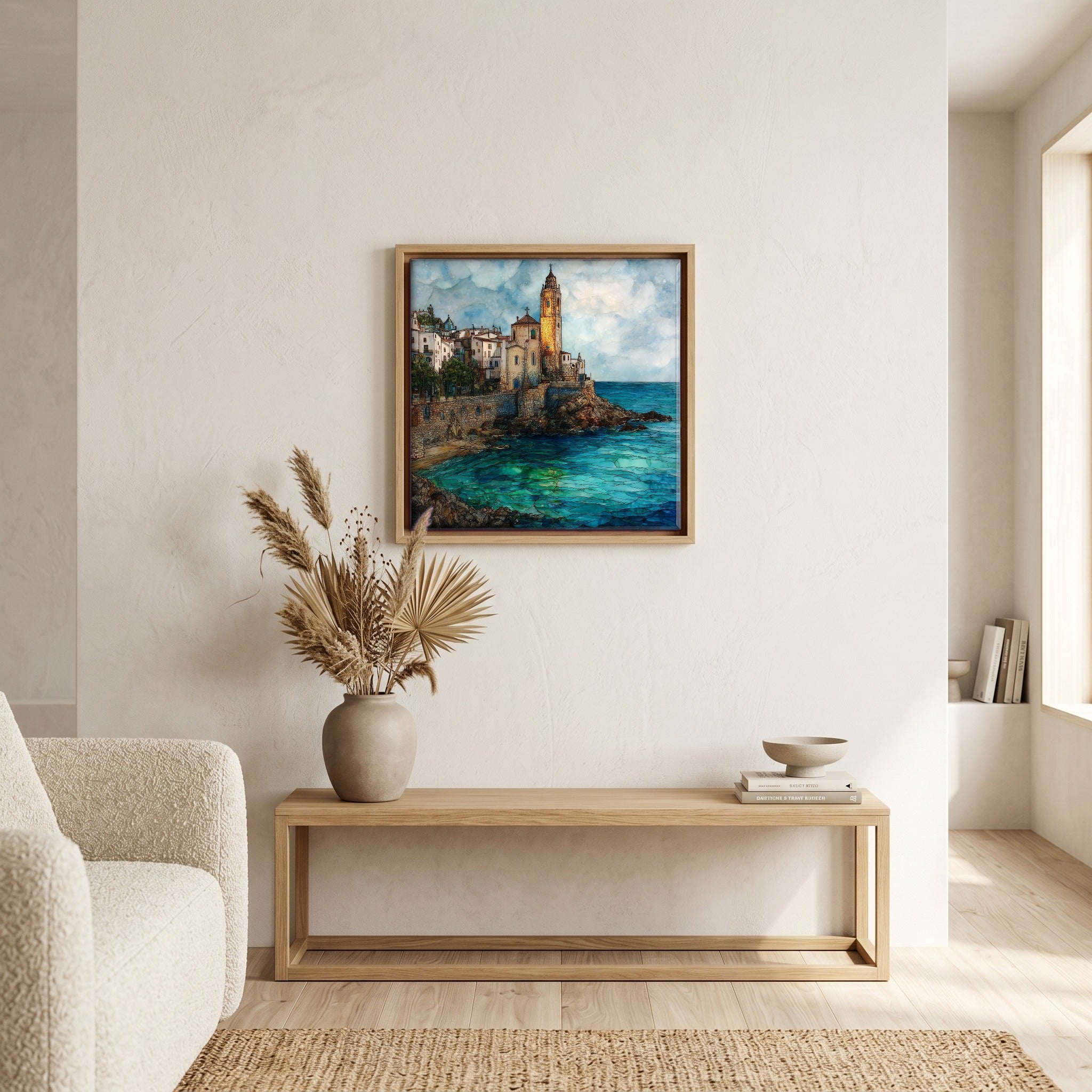 In the living room, above the sofa.