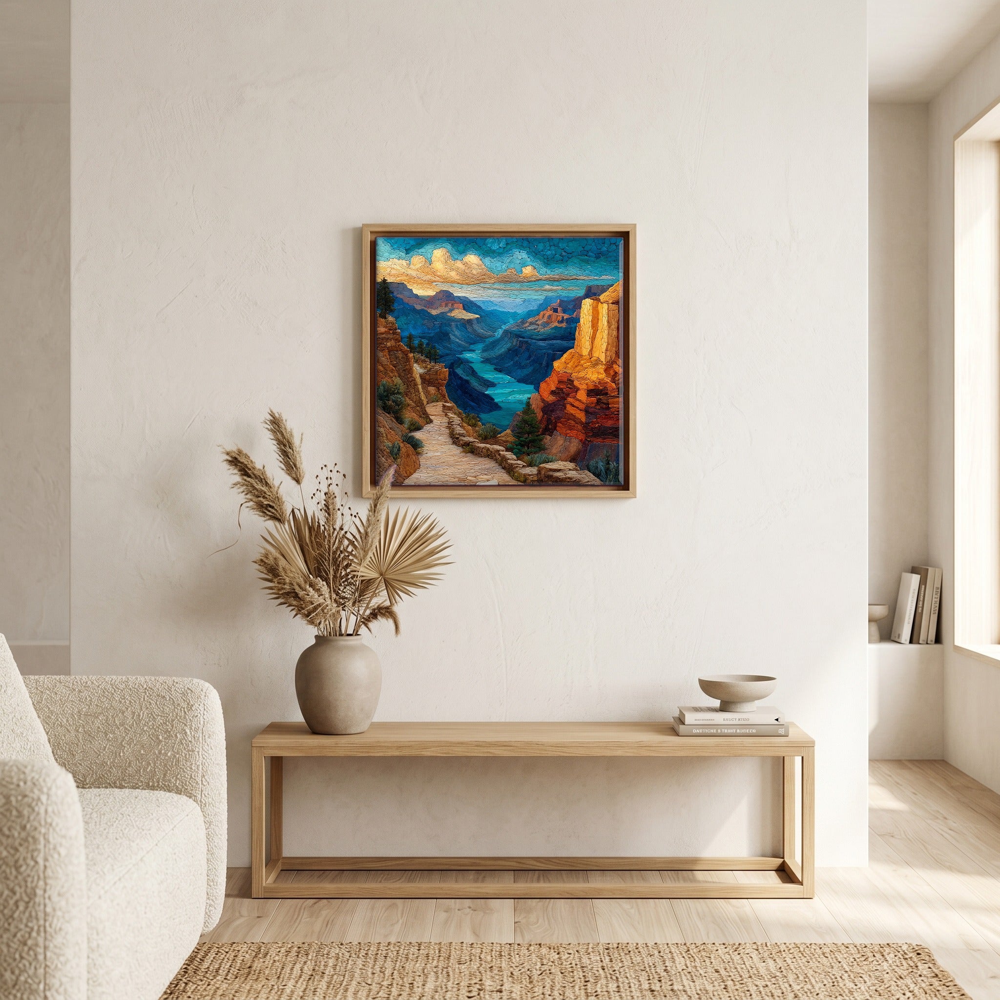 In the living room, above the sofa.