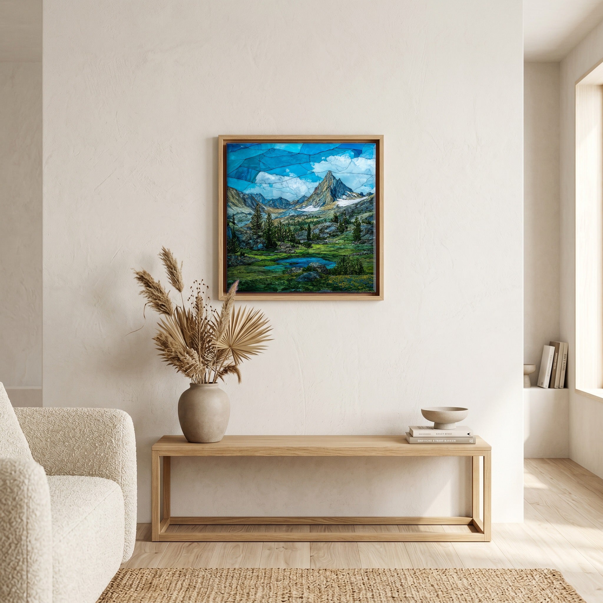 In the living room, above the sofa.