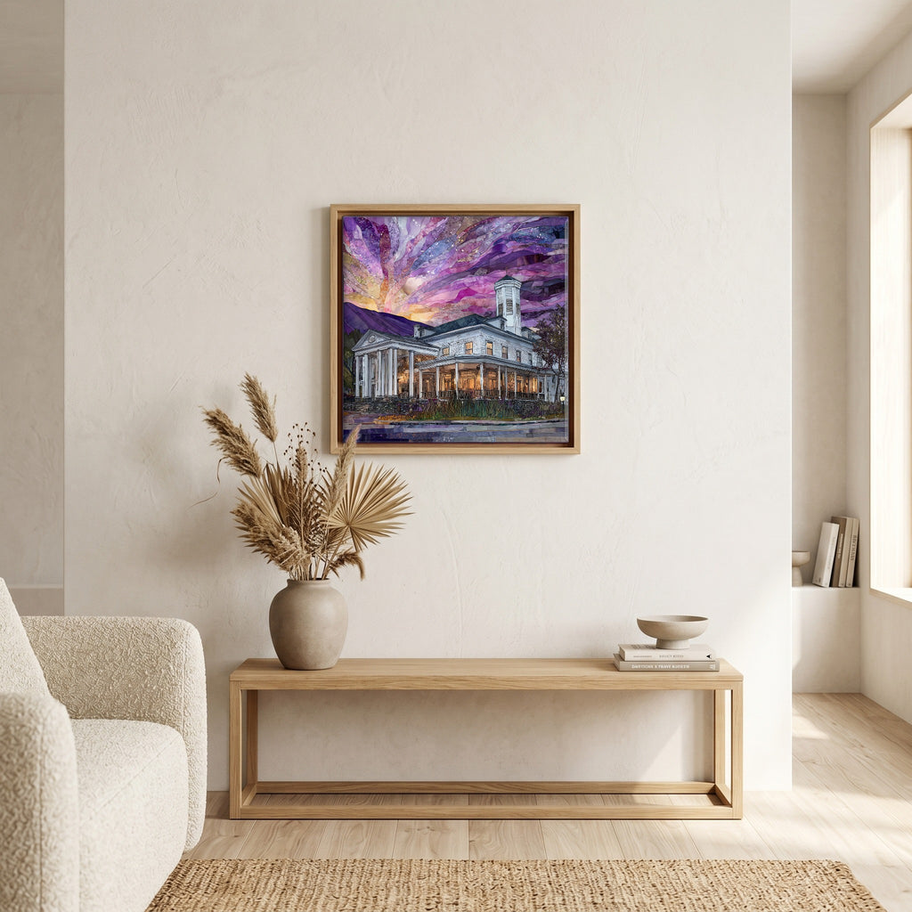 In the living room, above the sofa.
