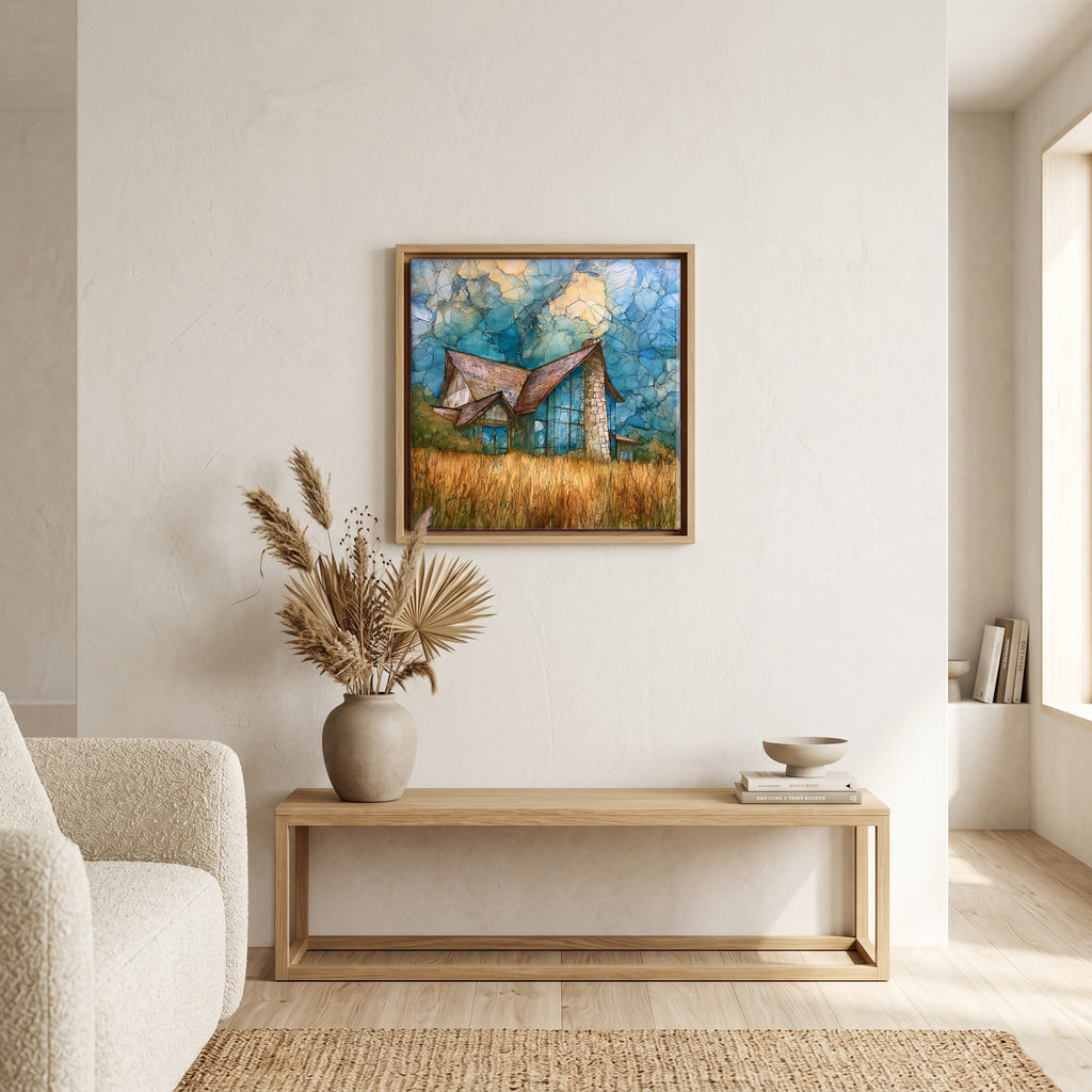 In the living room, above the sofa.