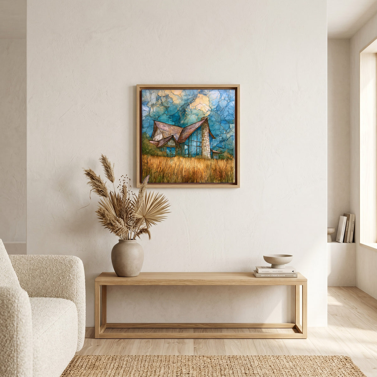 In the living room, above the sofa.