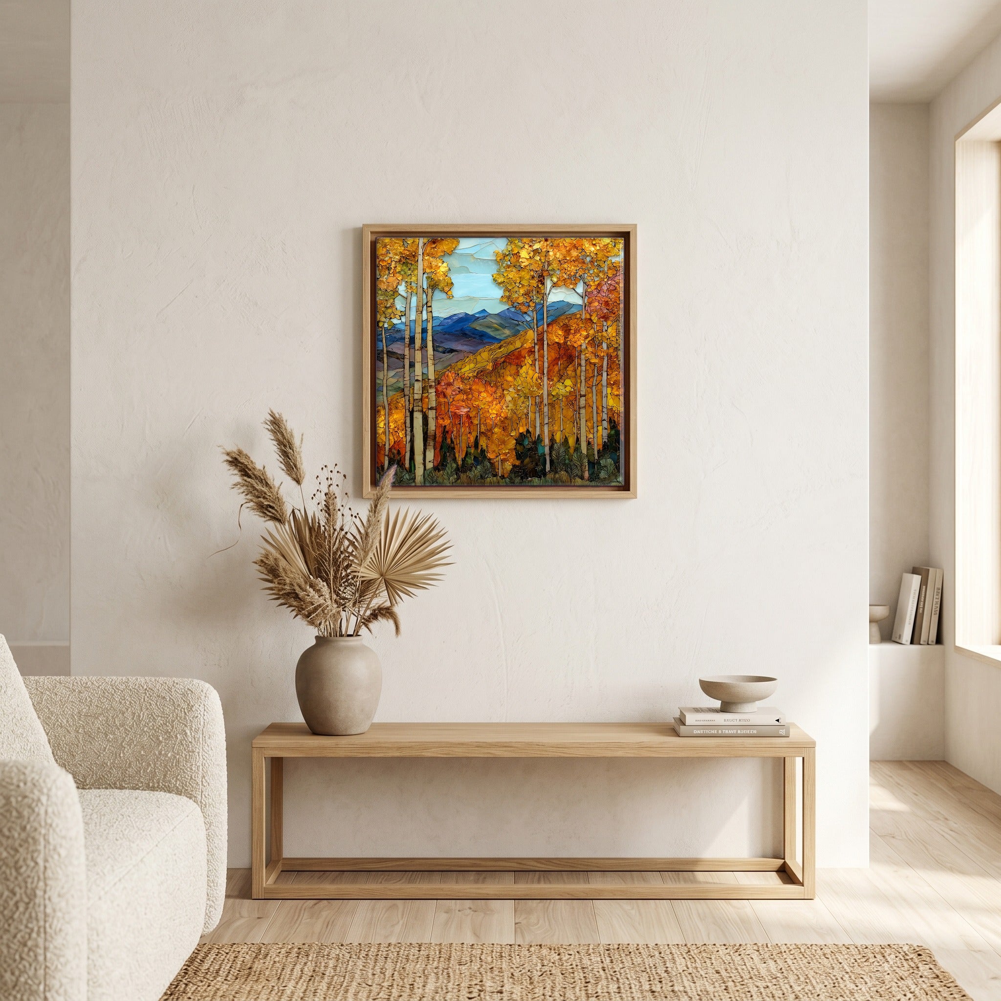 Above the bench, in a warm oak surround.