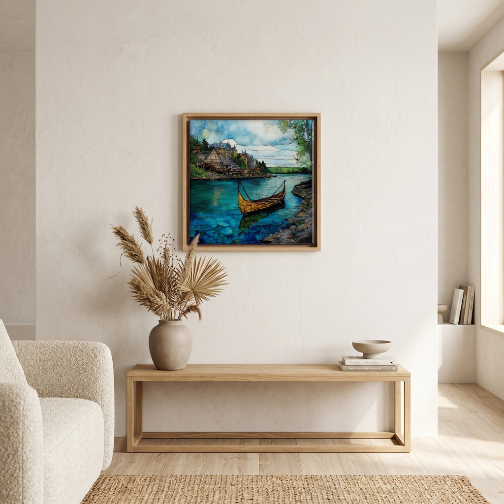 In the living room, above the sofa.