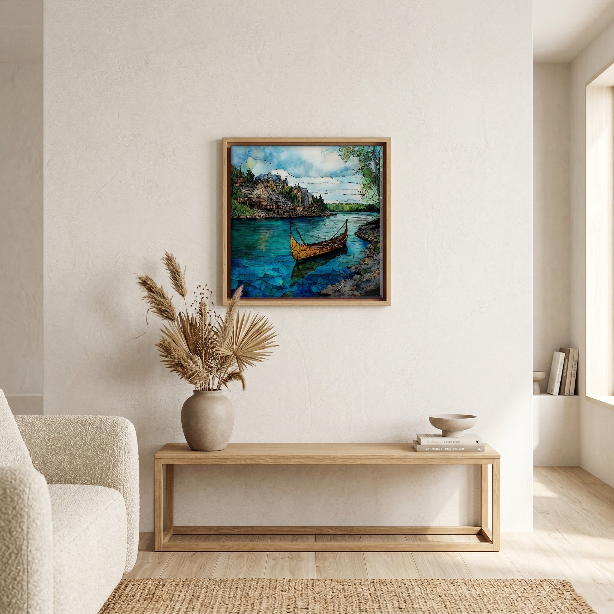 In the living room, above the sofa.
