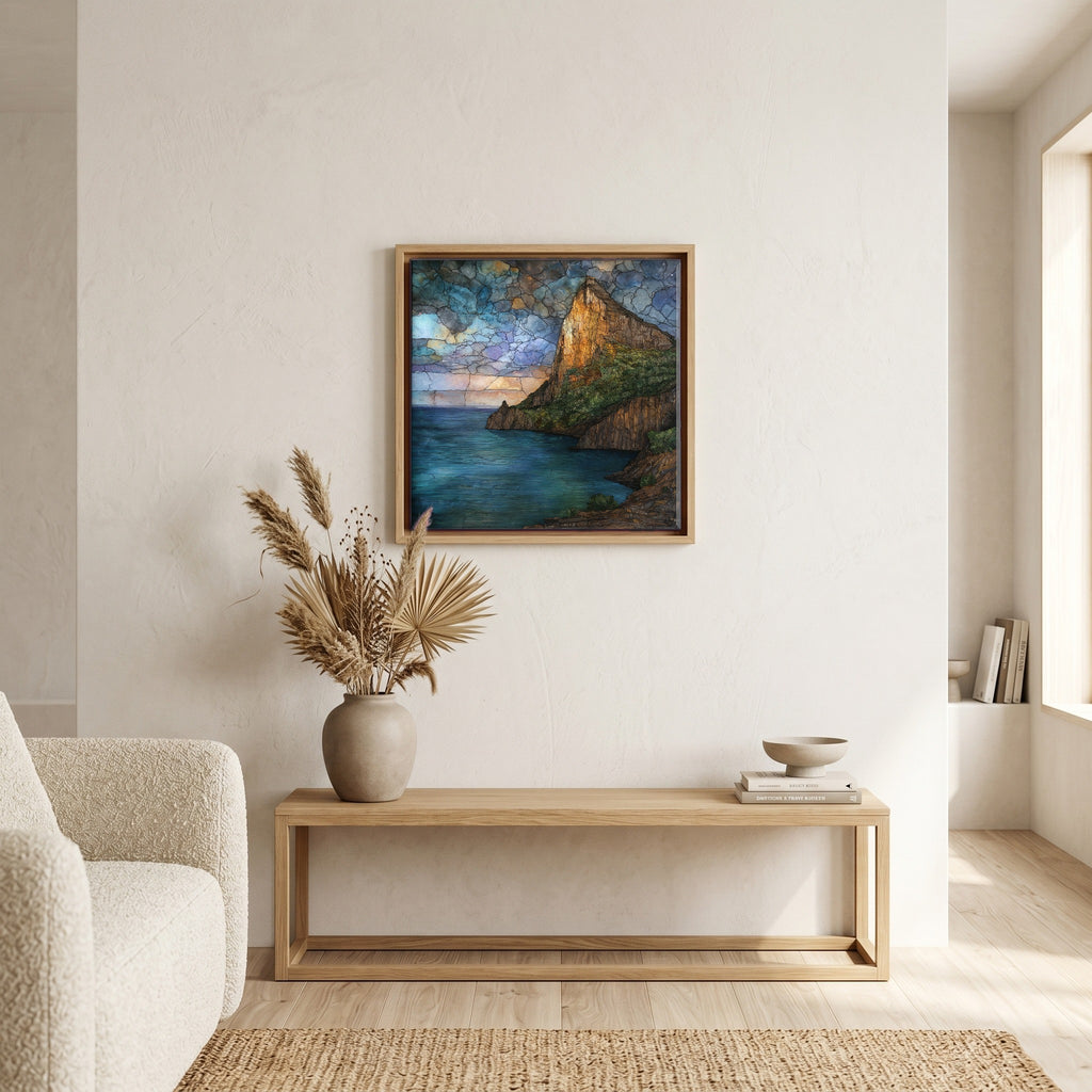 In the living room, above the sofa.