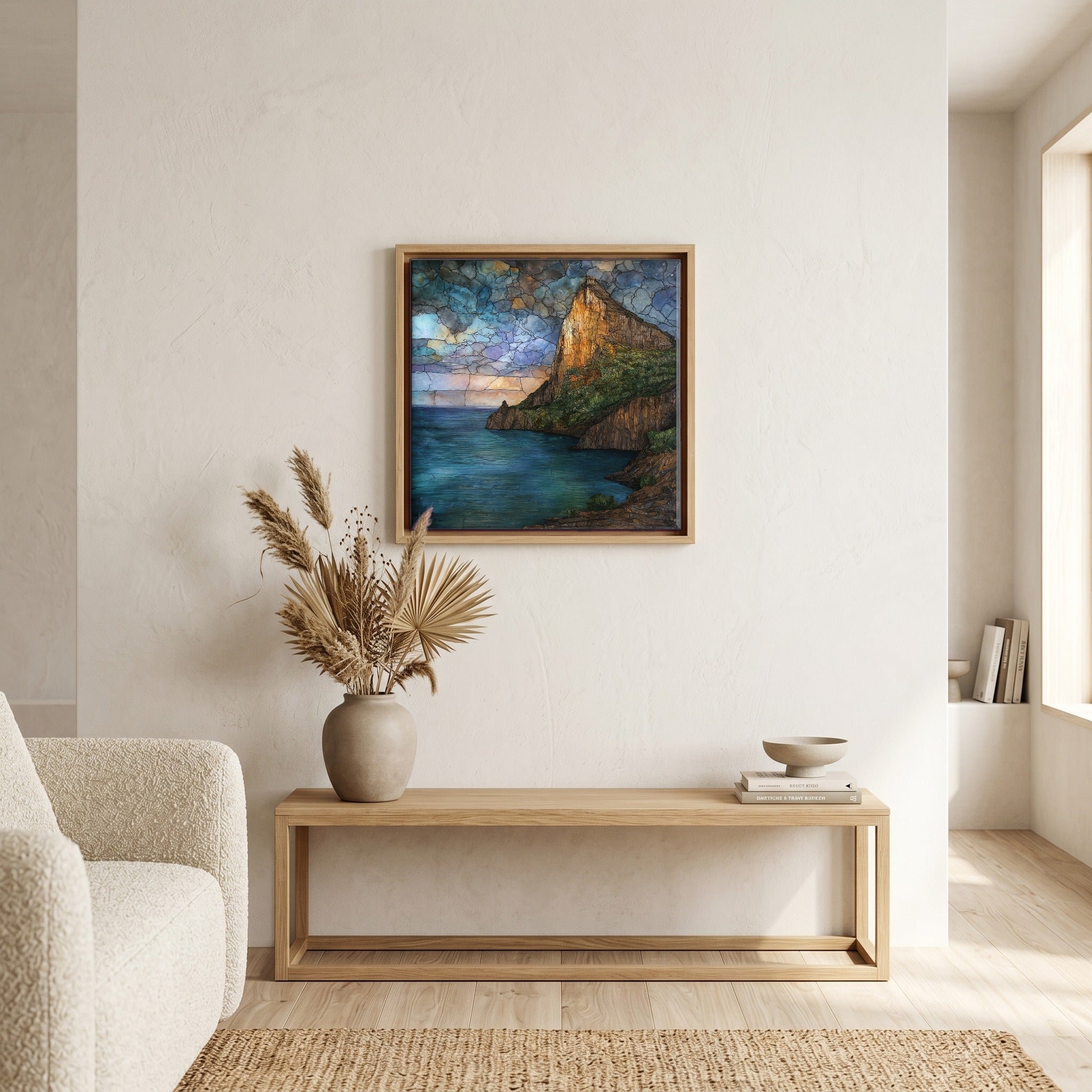 In the living room, above the sofa.