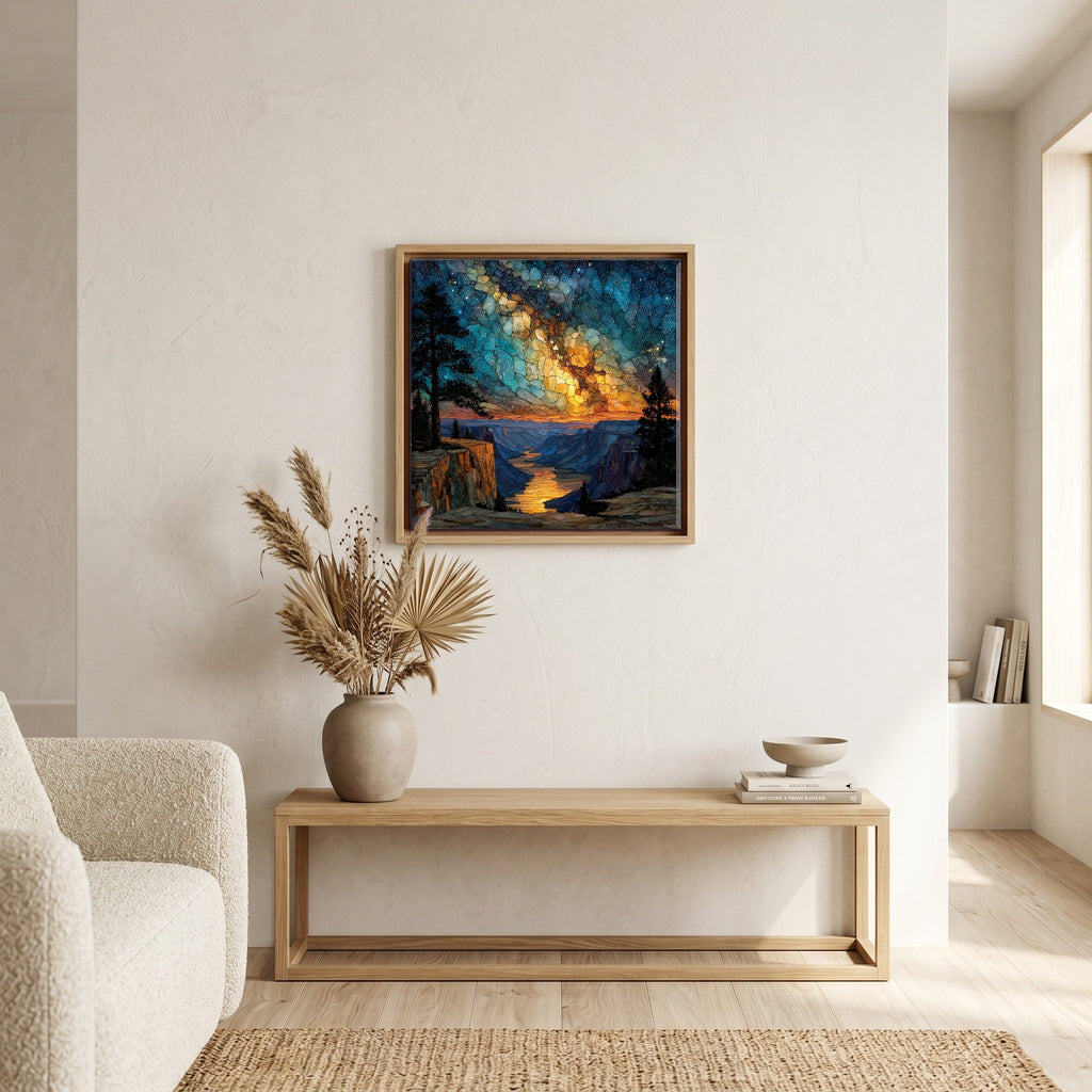 In the living room, above the sofa.
