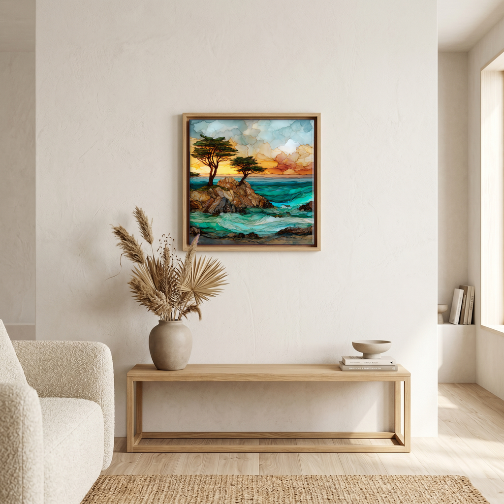 Above the bench, in a warm oak surround.