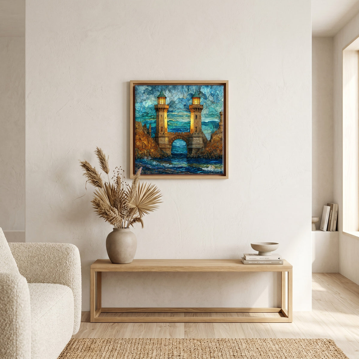 In the living room, above the sofa.