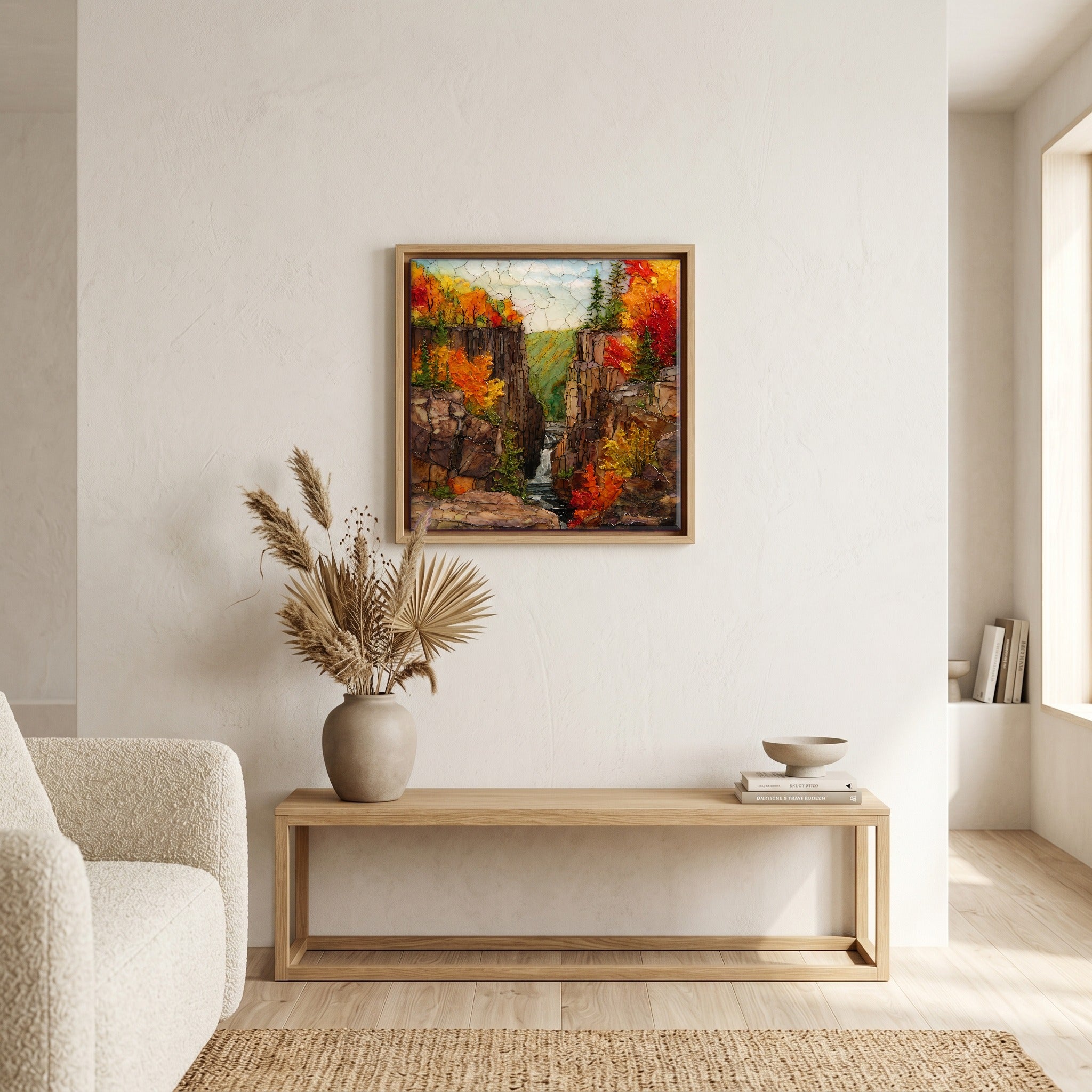 In the living room, above the sofa.