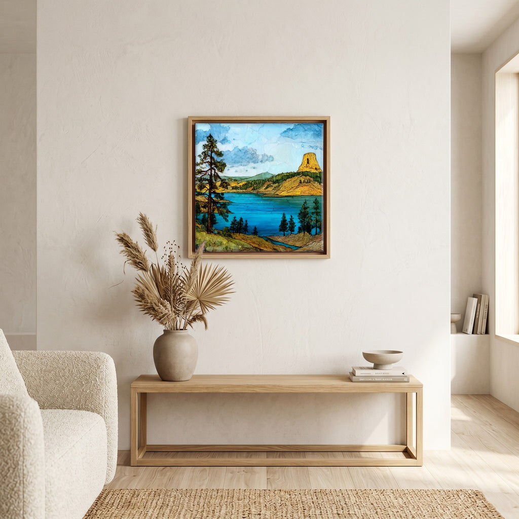 In the living room, above the sofa.