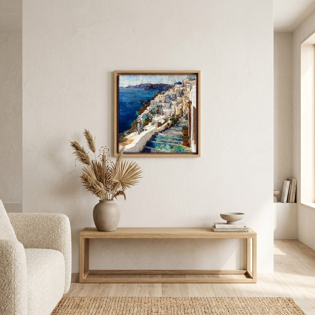 In the living room, above the sofa.