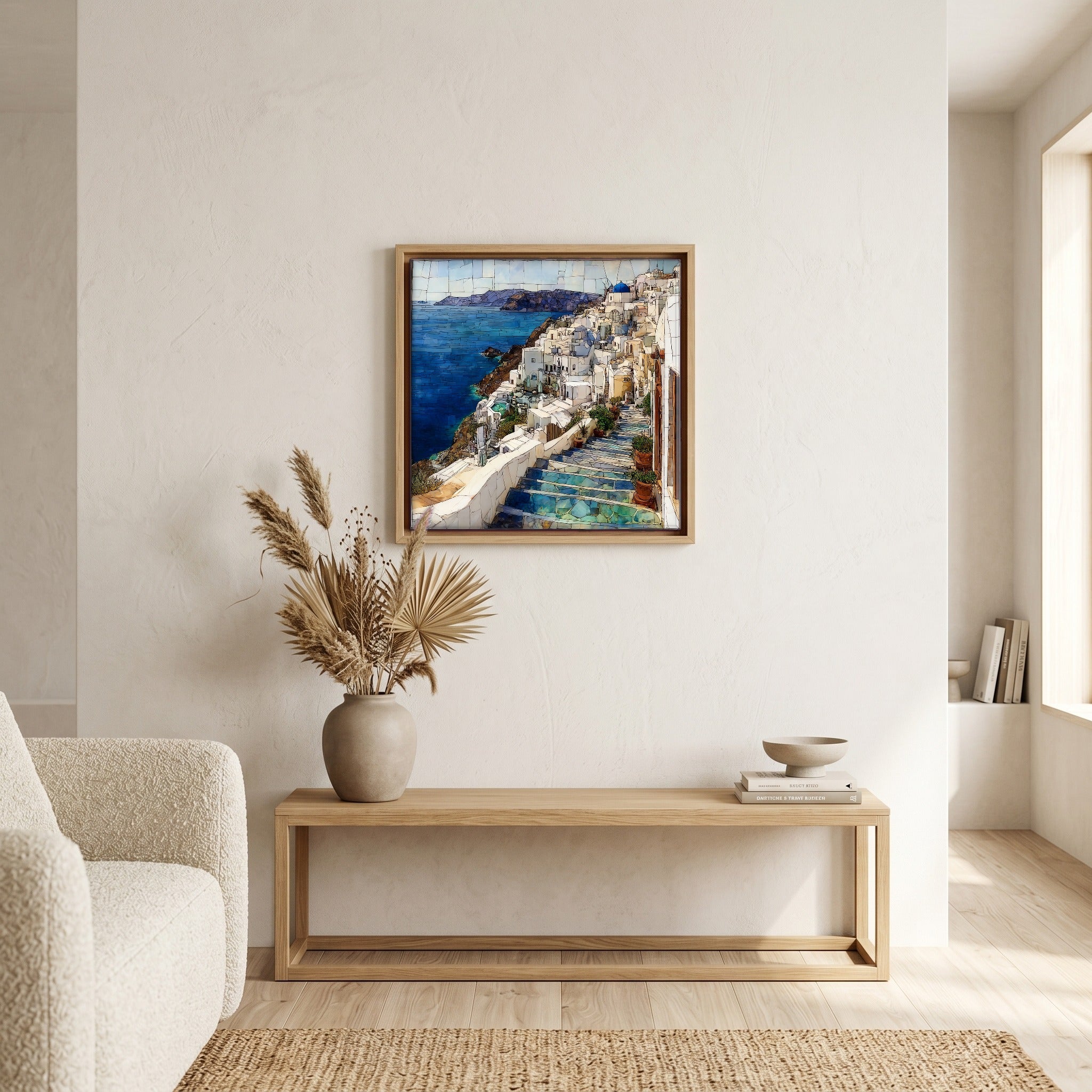 In the living room, above the sofa.