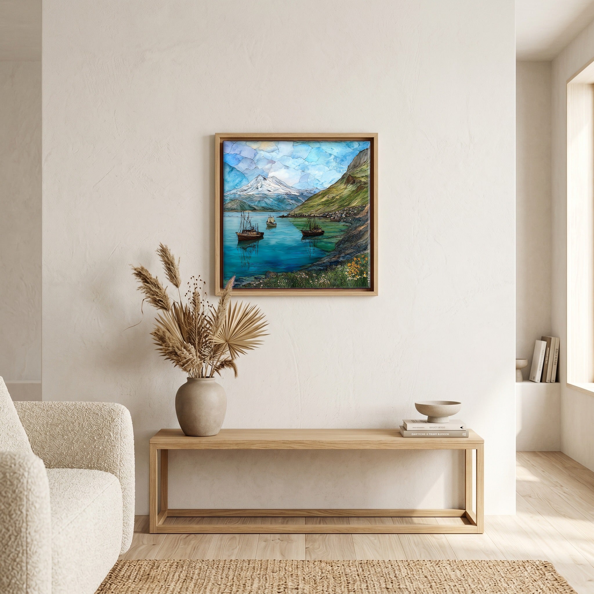 In the living room, above the sofa.