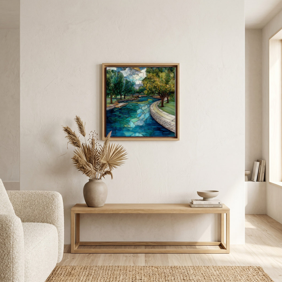 In the living room, above the sofa.