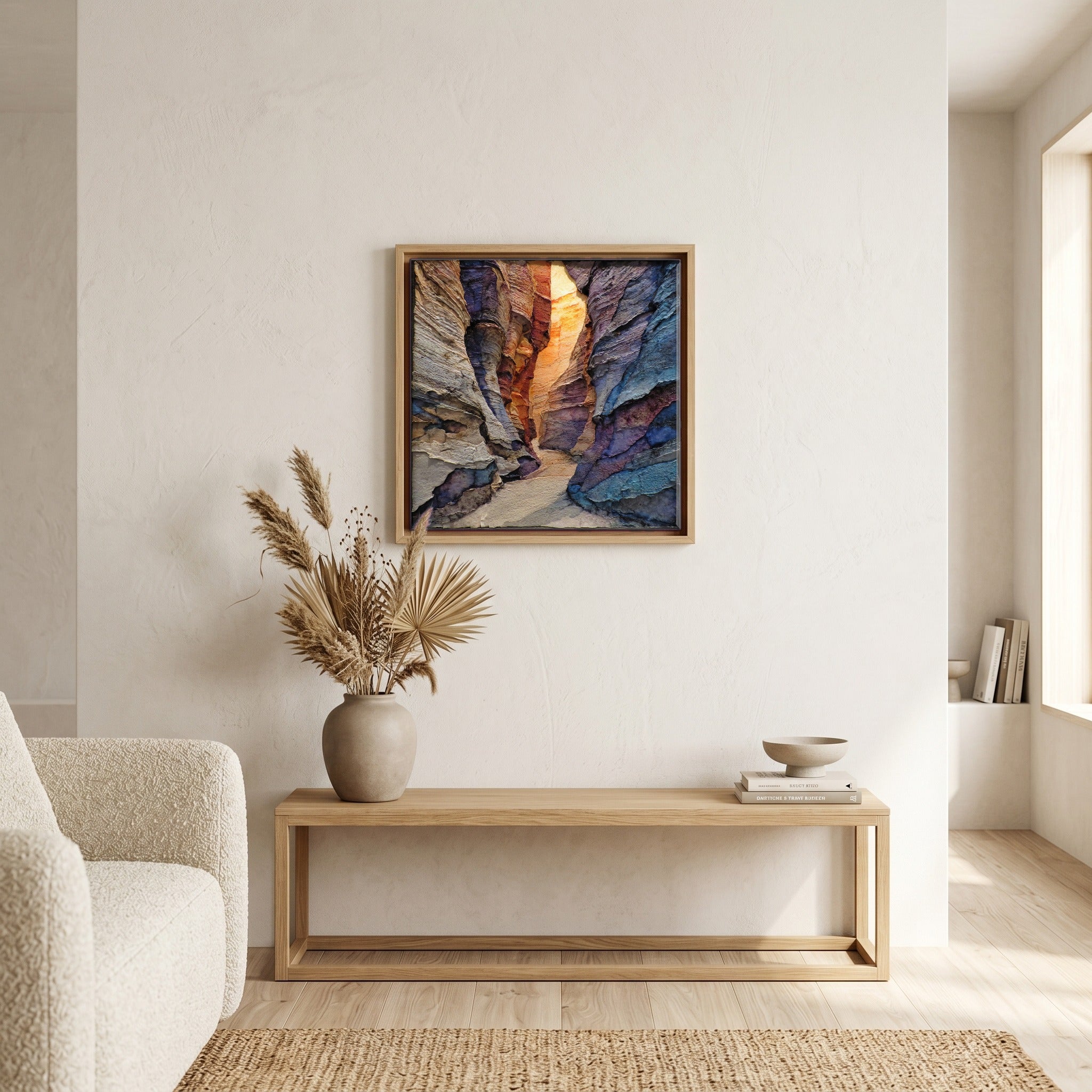 In the living room, above the sofa.