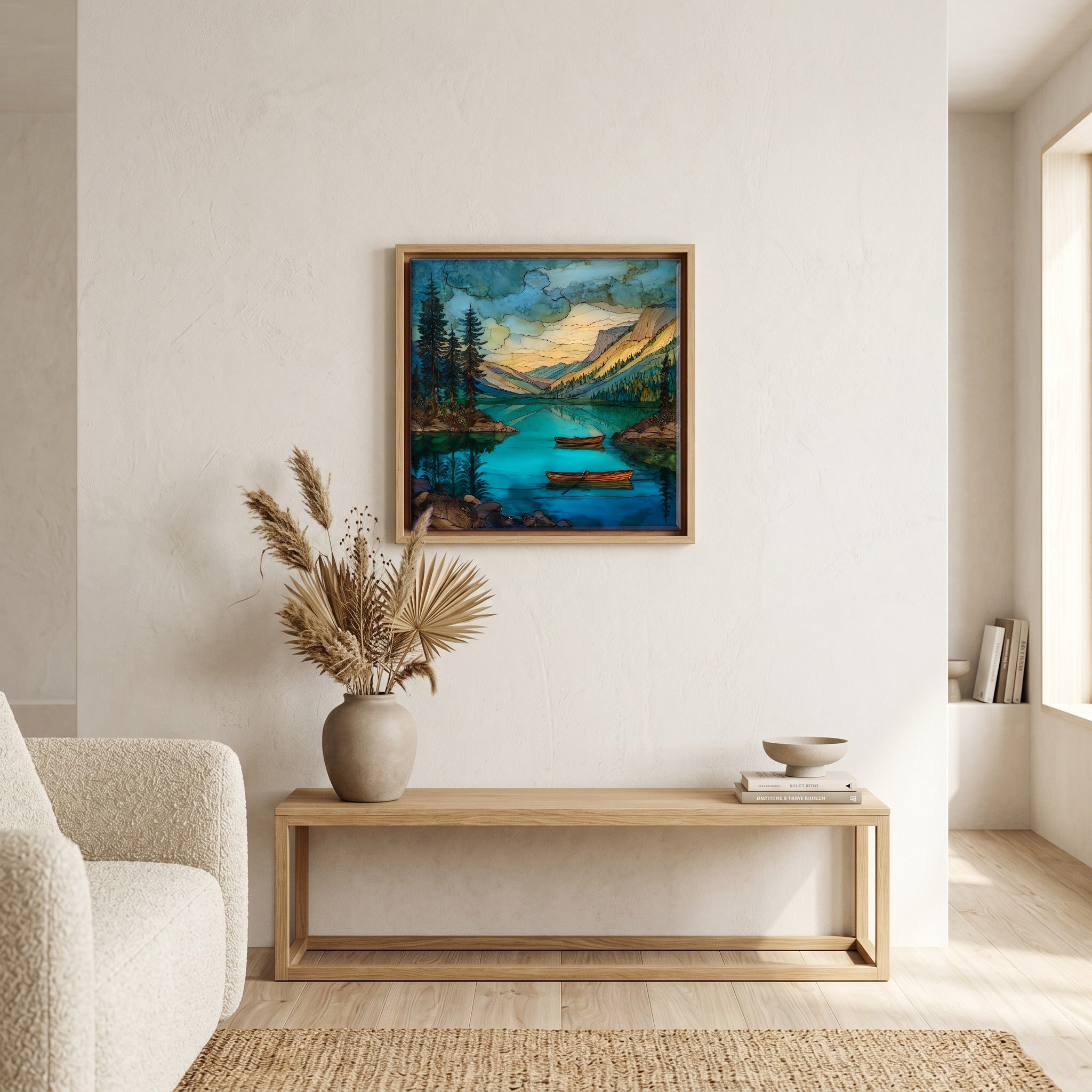 In the living room, above the sofa.