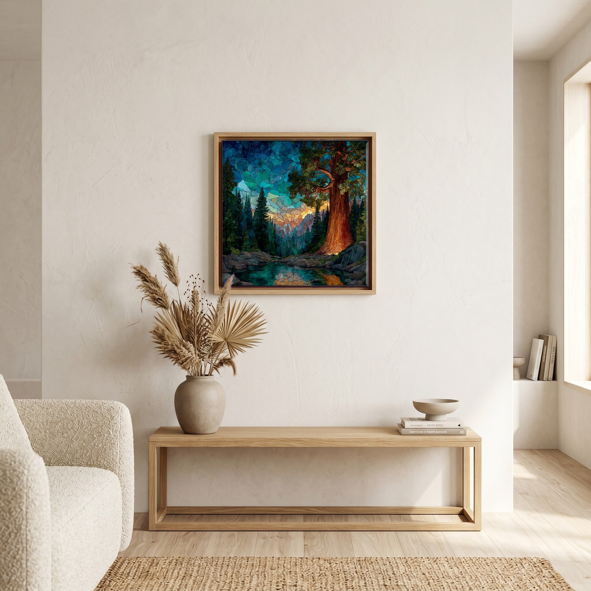 In the living room, above the sofa.