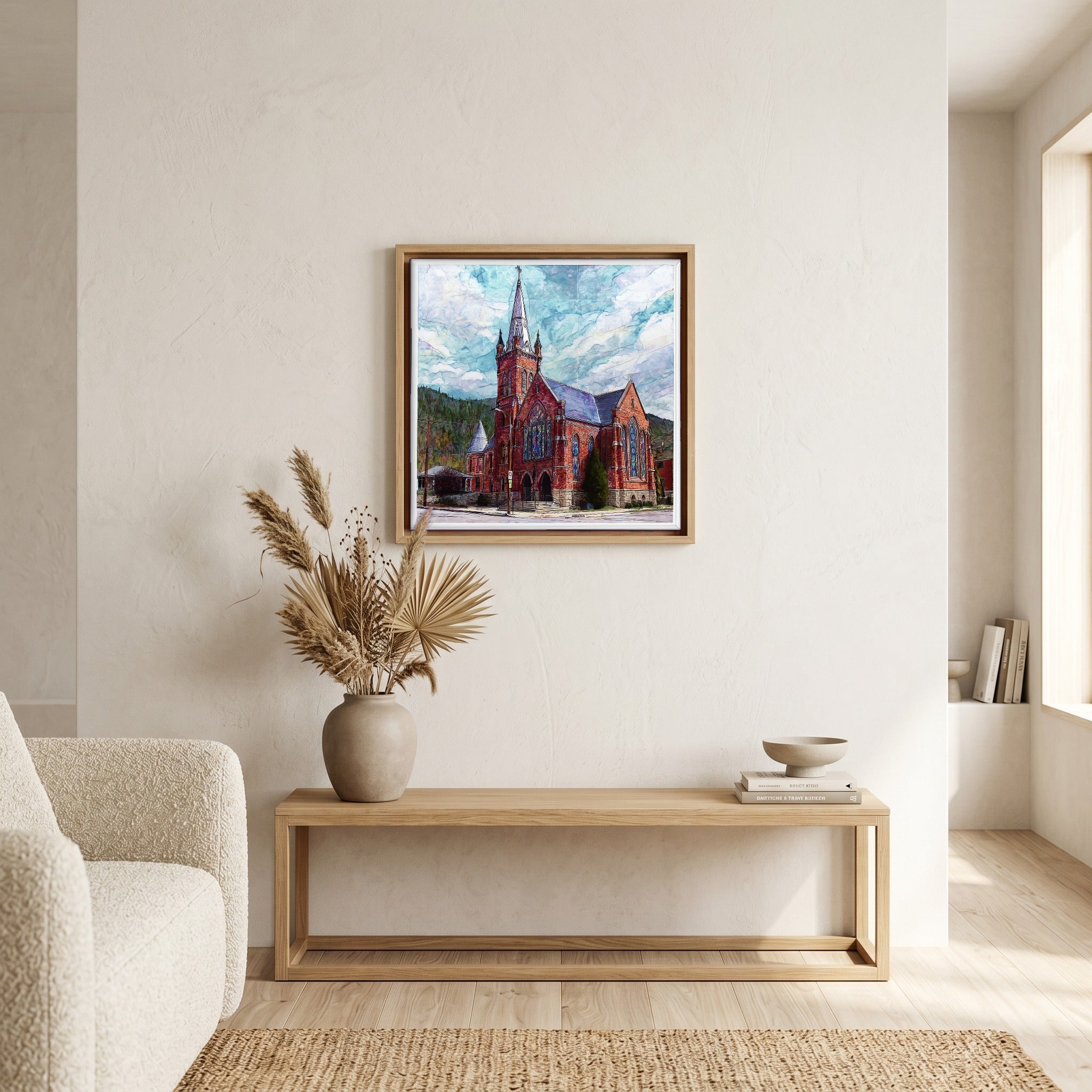 In the living room, above the sofa.