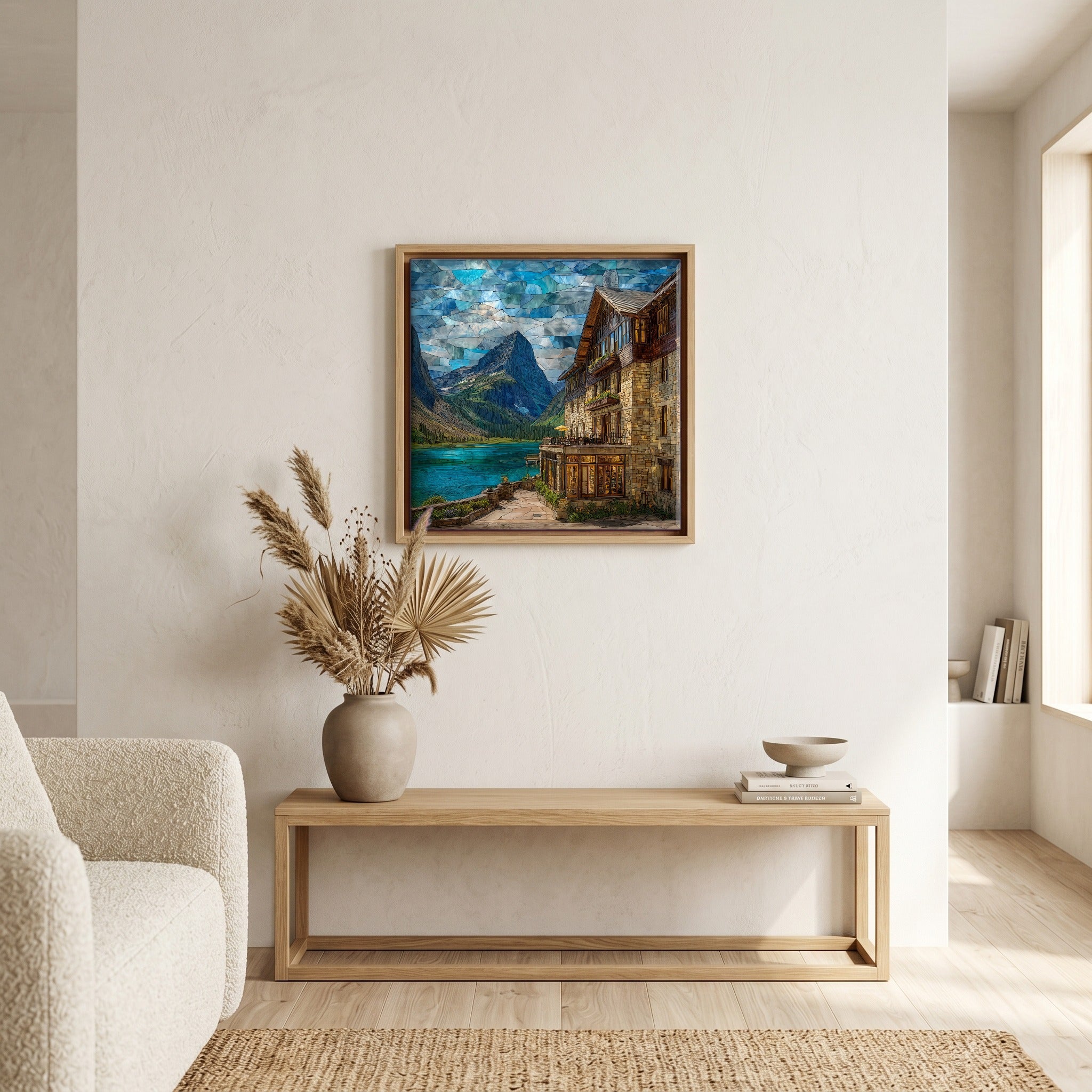 In the living room, above the sofa.