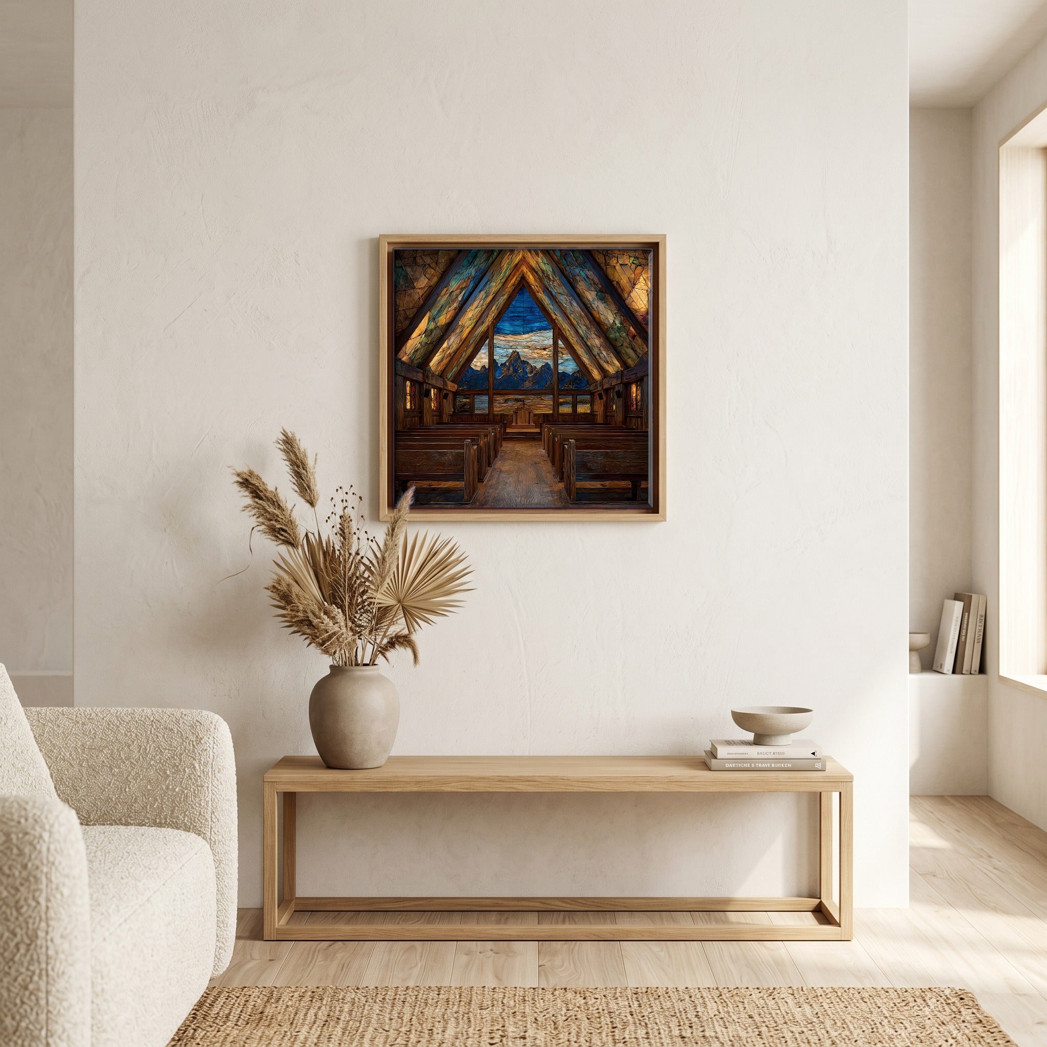 In the living room, above the sofa.