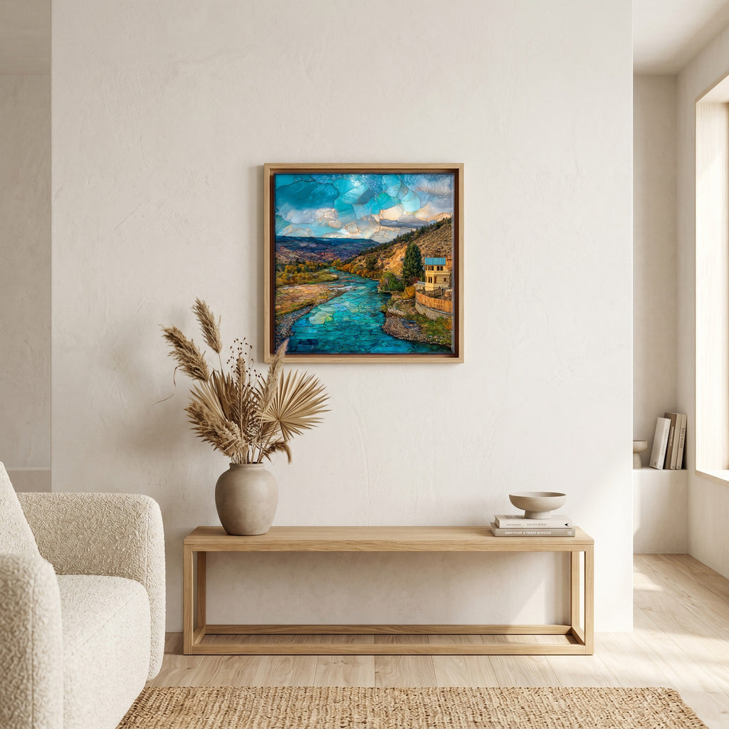 In the living room, above the sofa.