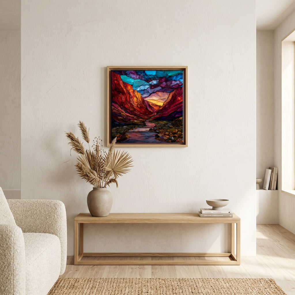 In the living room, above the sofa.