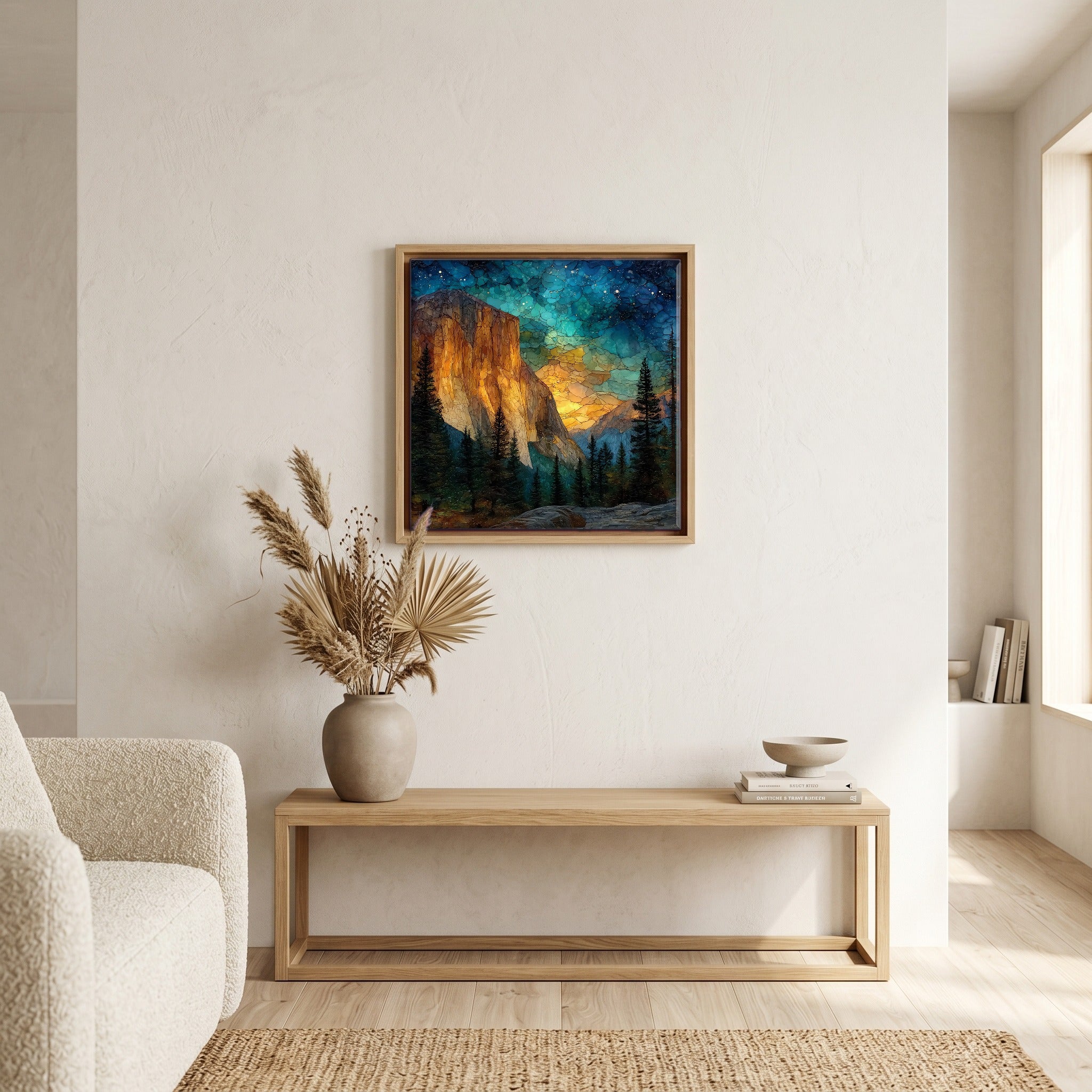 In the living room, above the sofa.