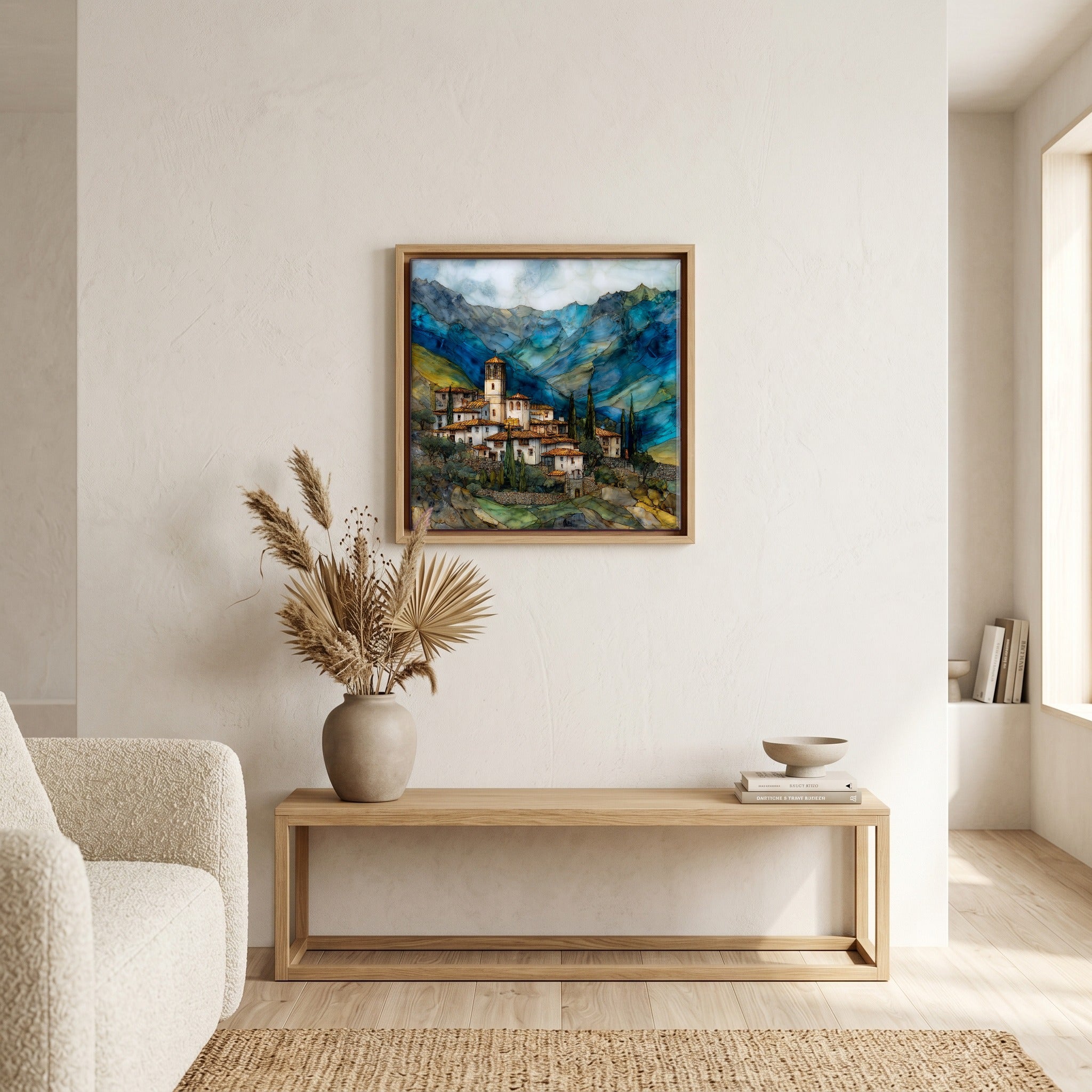 In the living room, above the sofa.